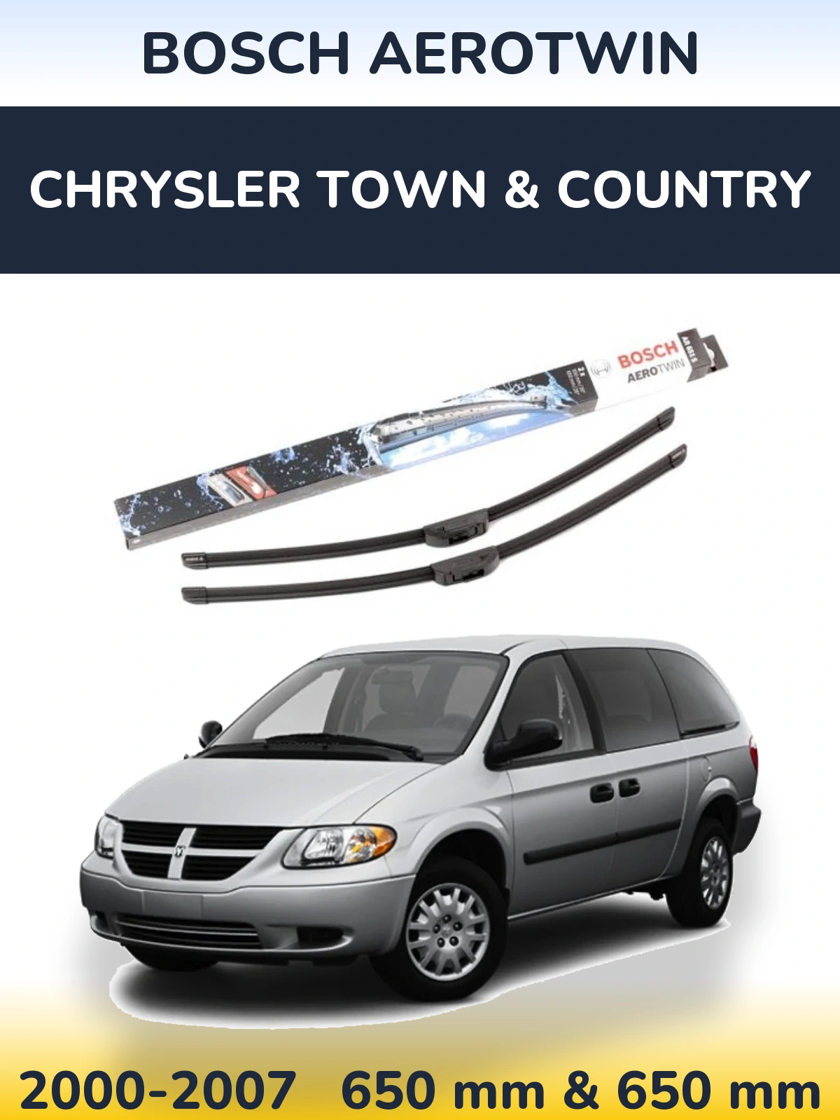Front wiper blade set BOSCH AeroTwin 650 & 650 mm for Chrysler Town & Country 2000-2007