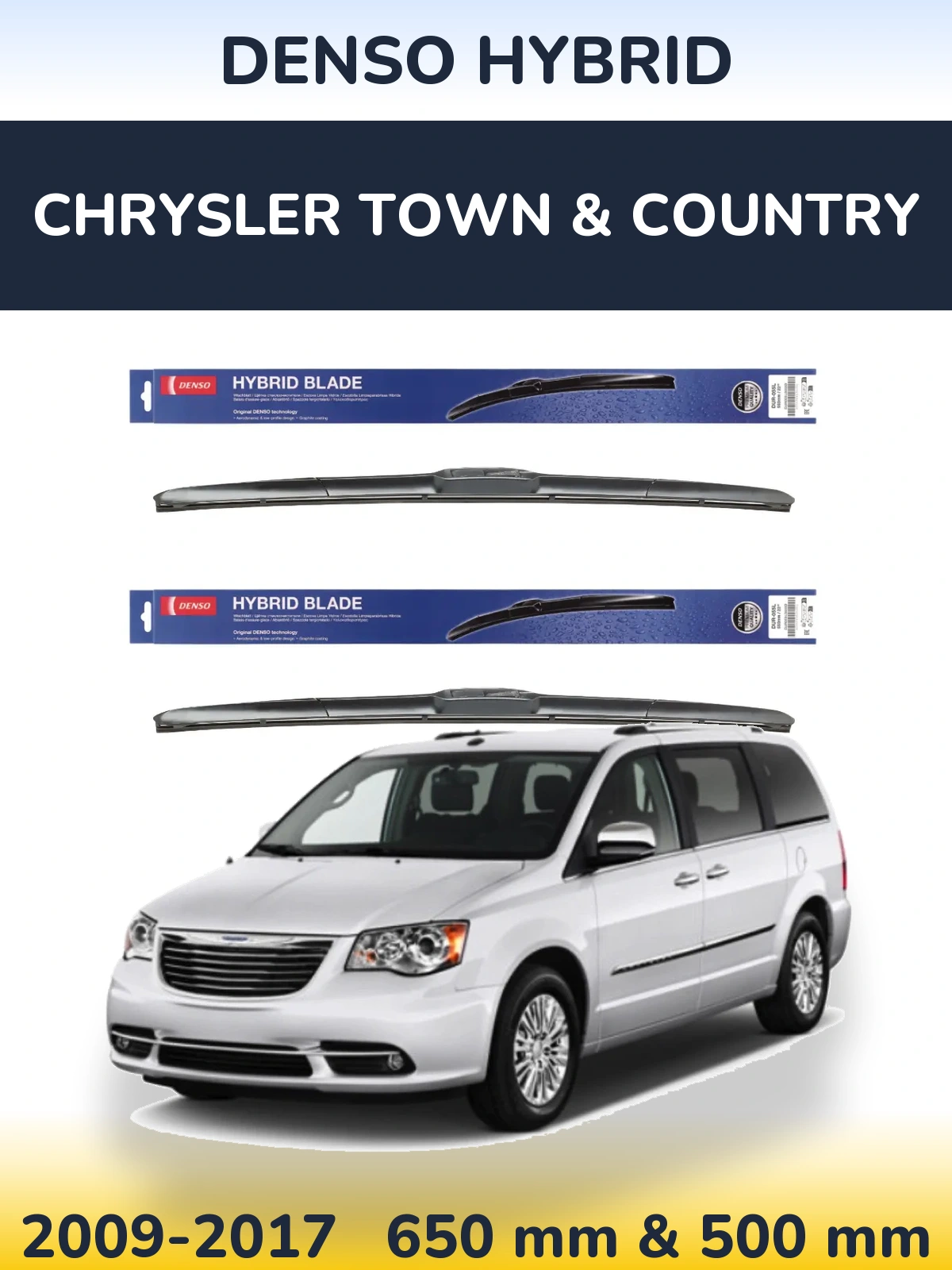 Front wiper blade set Denso Hybrid 650 & 500 mm for Chrysler Town & Country 2009-2017