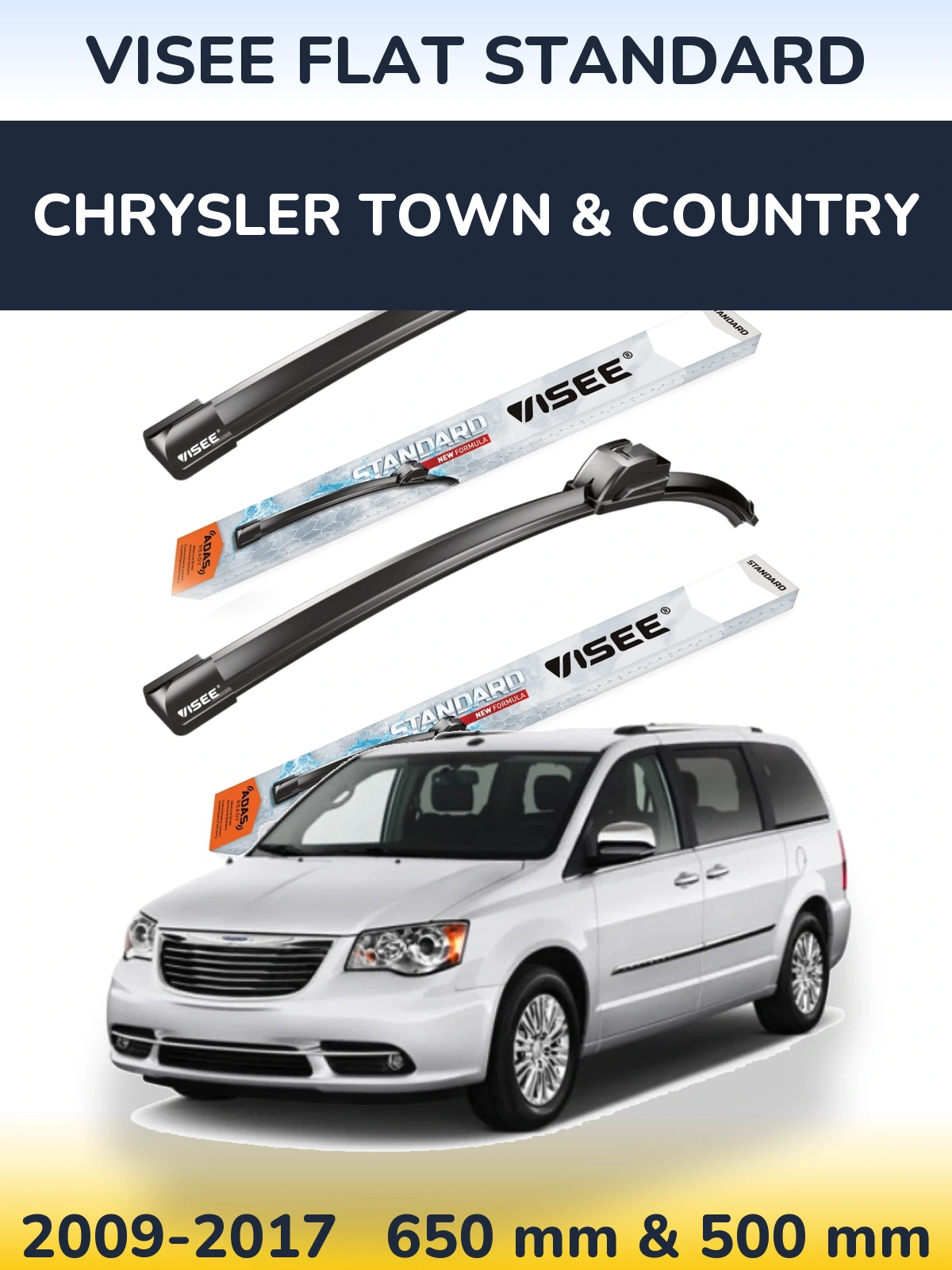 Front wiper blade set VISEE FLAT STANDARD 650 & 500 mm for Chrysler Town & Country 2009-2017