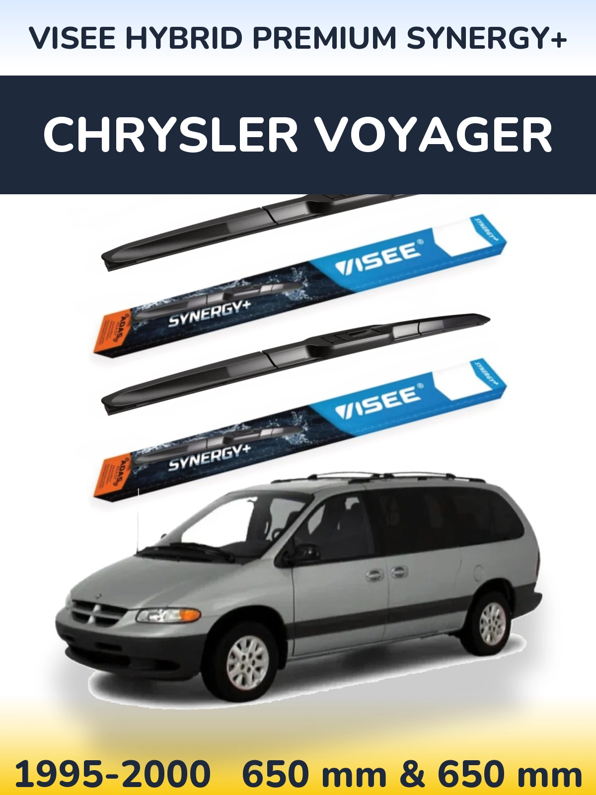 Front wiper blade set VISEE HYBRID PREMIUM SYNERGY+ 650 & 650 mm for Chrysler Voyager 1995-2000
