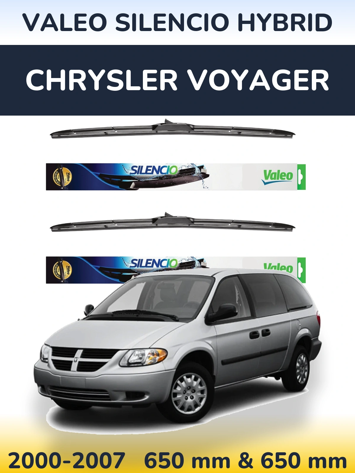 Front wiper blade set Valeo Silencio Hybrid 650 & 650 mm for Chrysler Voyager 2000-2007