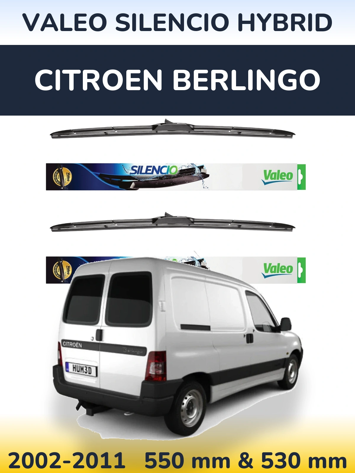 Front wiper blade set Valeo Silencio Hybrid 550 & 530 mm for Citroen Berlingo 2002-2011
