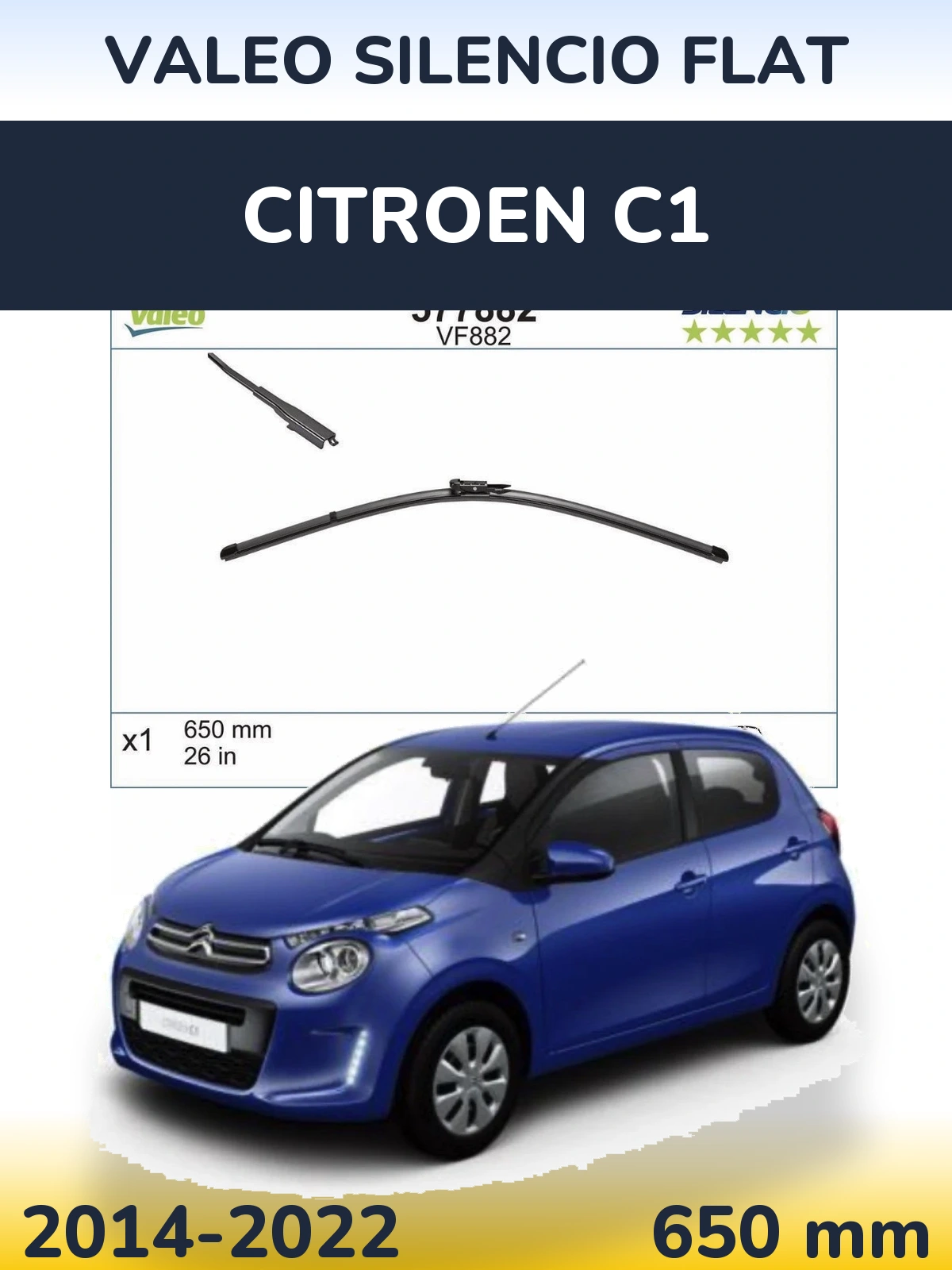 Front wiper blade Valeo Silencio Flat 650 mm for Citroen C1 2014-2022