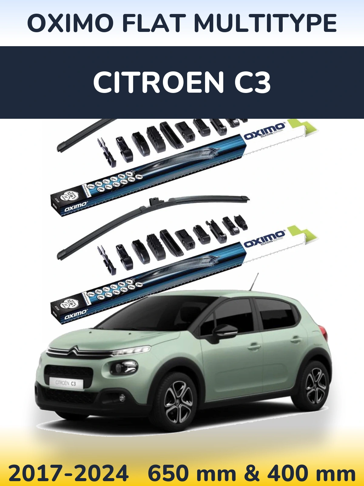 Front wiper blade set Oximo Flat MultiTipse 650 & 400 mm for Citroen C3 2017-2024