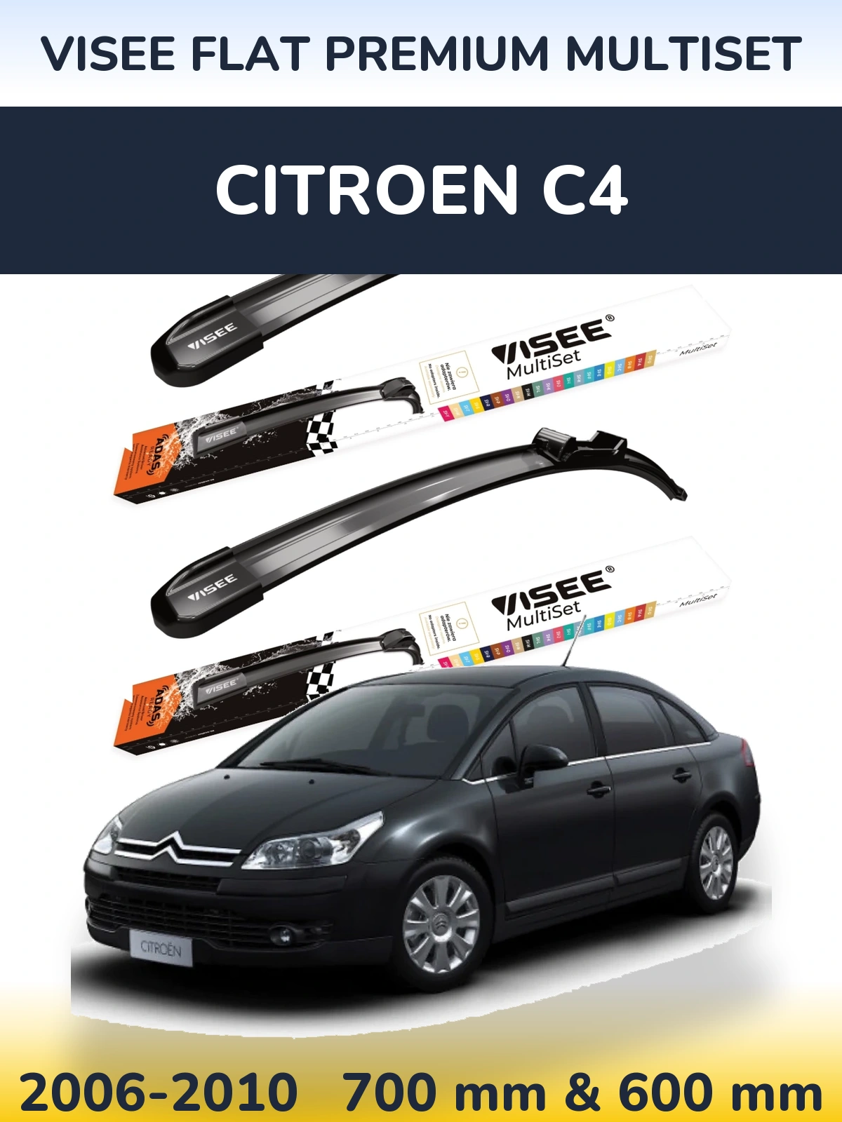 Front wiper blade set VISEE FLAT PREMIUM MultiSet 700 & 600 mm for Citroen C4 2006-2010