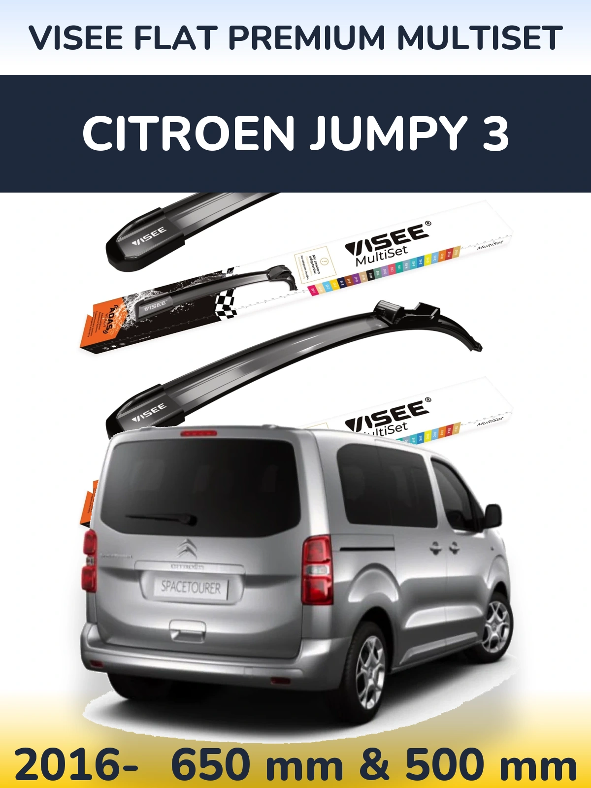 Front wiper blade set VISEE FLAT PREMIUM MultiSet 650 & 500 mm for Citroen Jumpy 3 2016-2026