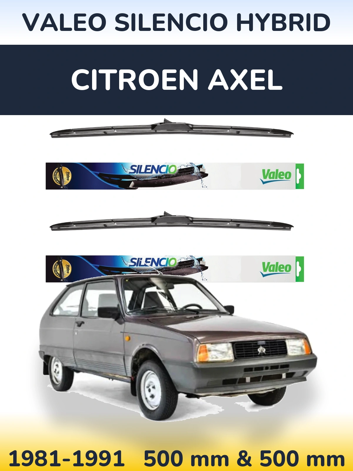 Front wiper blade set Valeo Silencio Hybrid 500 & 500 mm for Citroen Axel 1981-1991