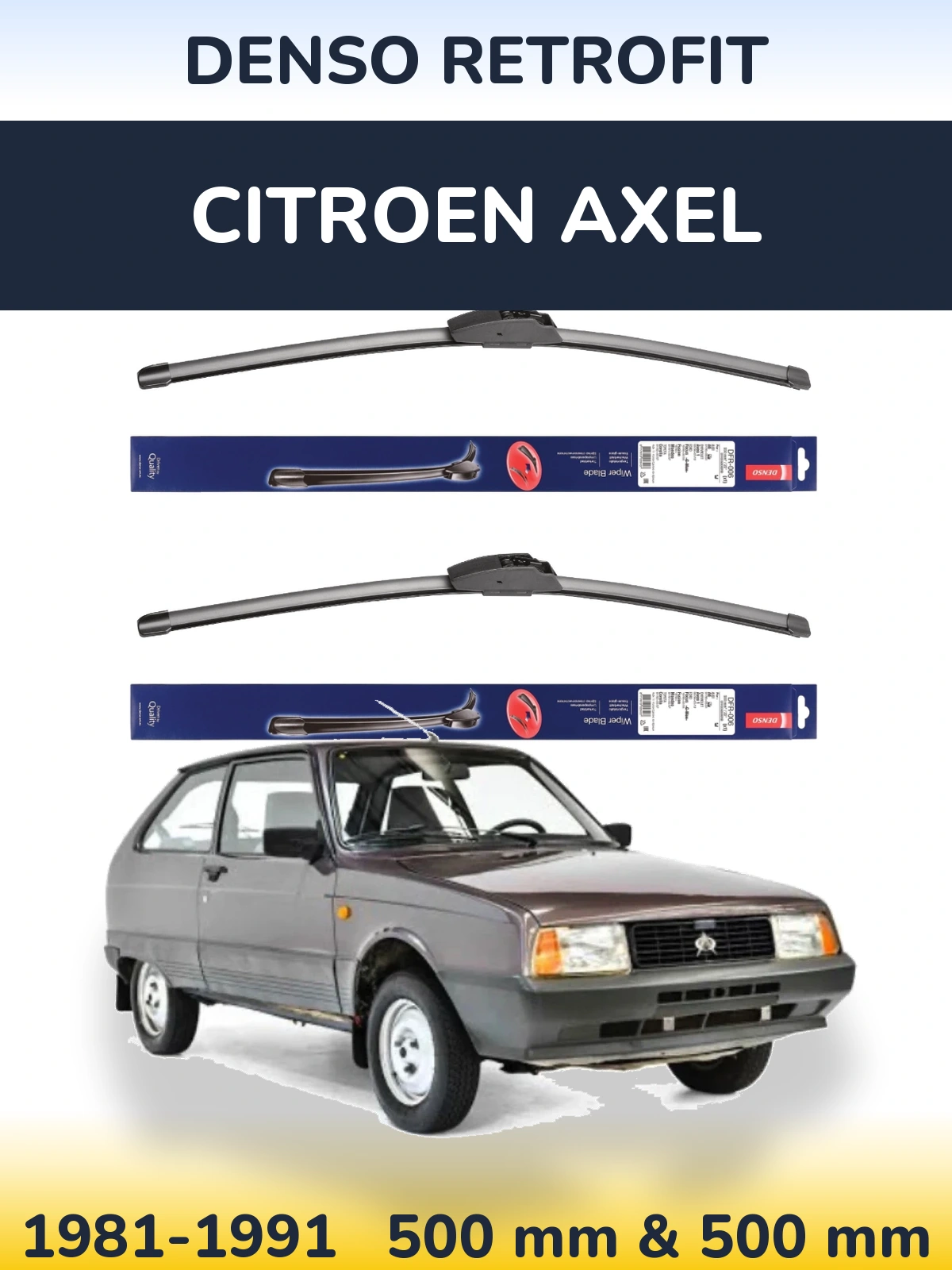 Front wiper blade set Denso Retrofit 500 & 500 mm for Citroen Axel 1981-1991
