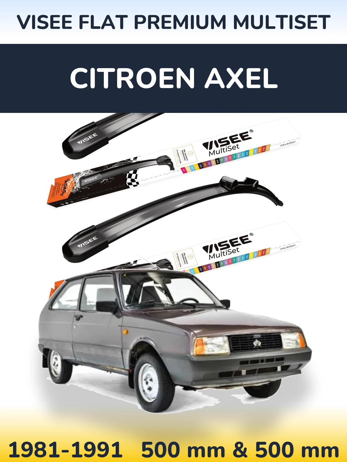 Комплект передніх щіток VISEE FLAT PREMIUM MultiSet 500 & 500 мм для Citroen Axel 1981-1991