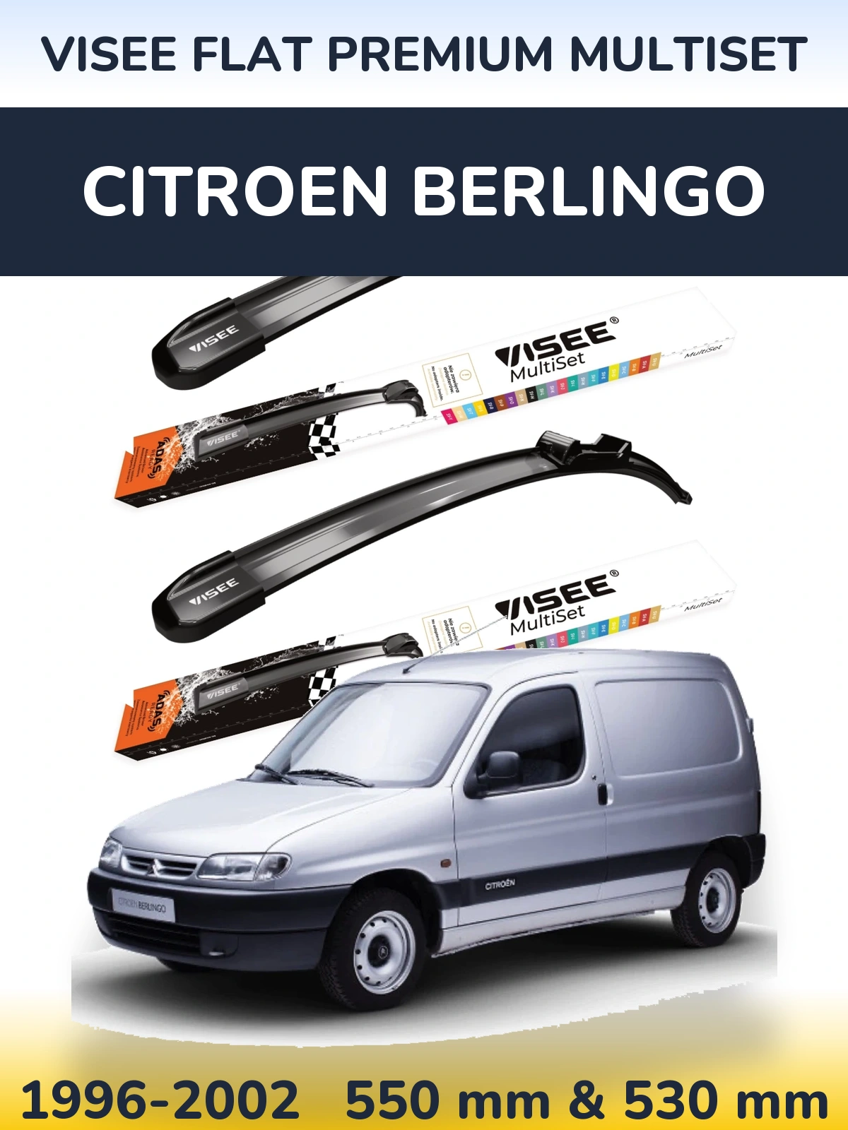 Front wiper blade set VISEE FLAT PREMIUM MultiSet 550 & 530 mm for Citroen Berlingo 1996-2002