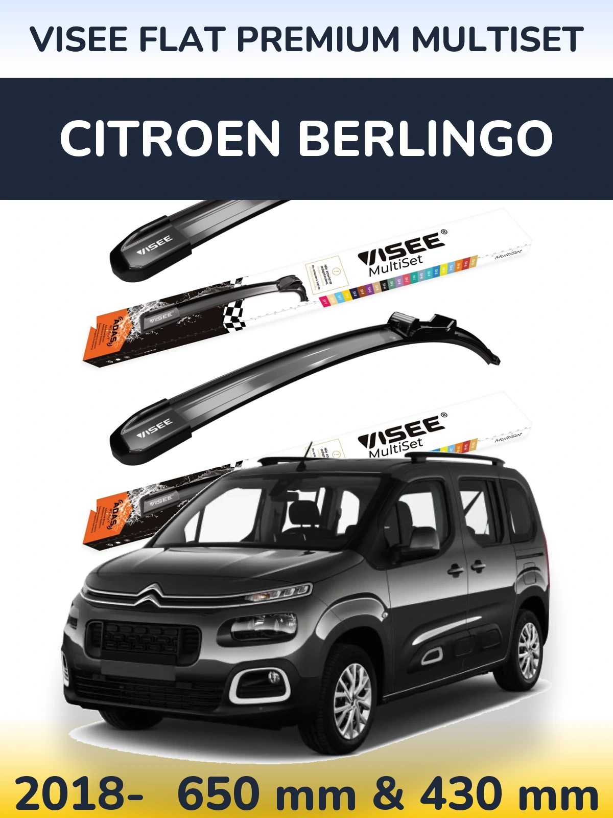 Front wiper blade set VISEE FLAT PREMIUM MultiSet 650 & 430 mm for Citroen Berlingo 2018-2026