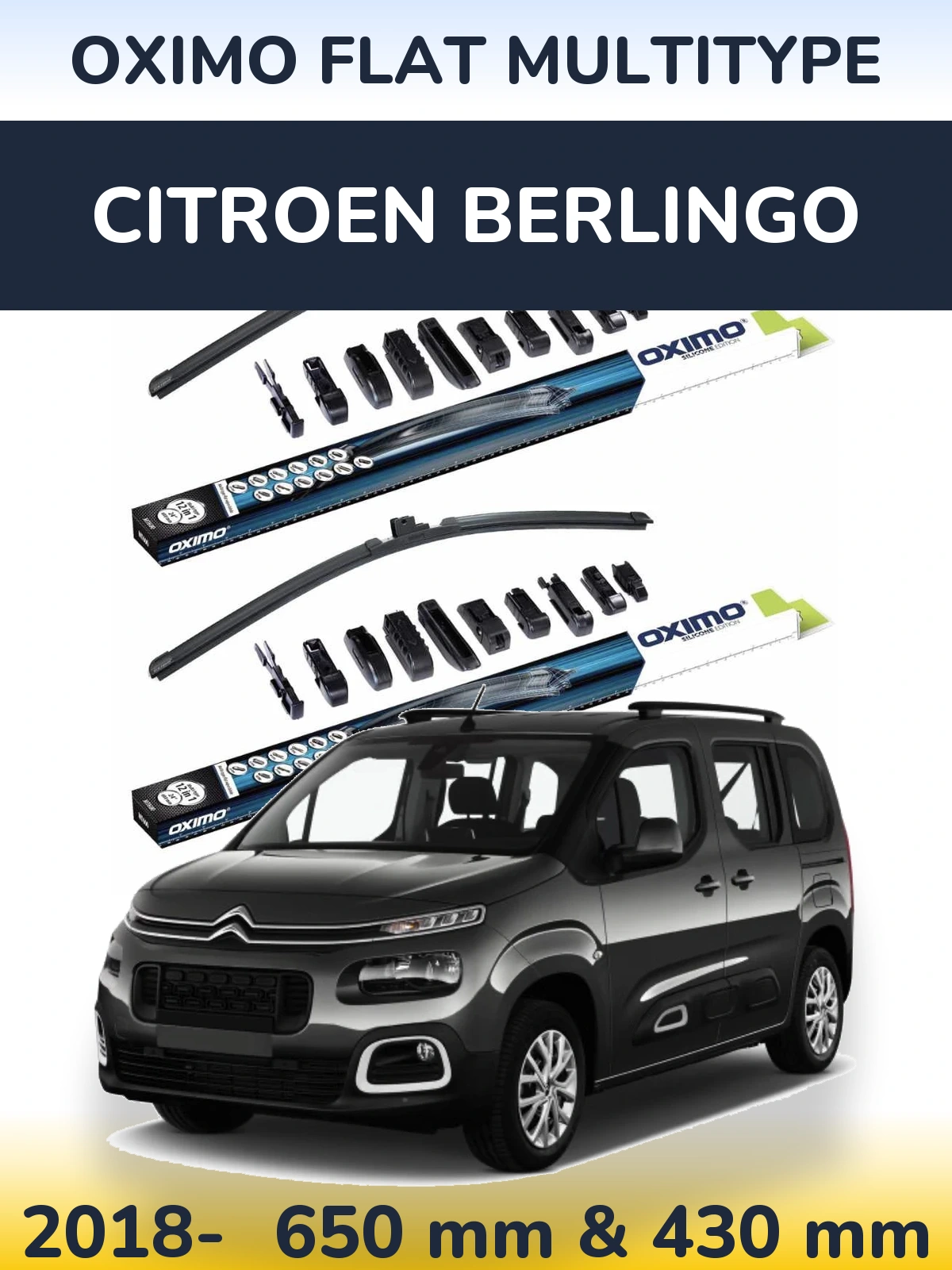 Комплект передних дворников Oximo Flat MultiТипe 650 & 430 мм для Citroen Berlingo 2018-2026