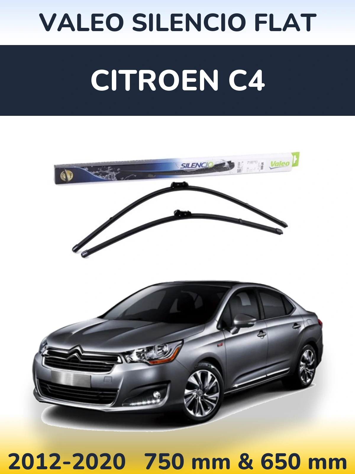Front wiper blade set Valeo Silencio Flat 750 & 650 mm for Citroen C4 2012-2020