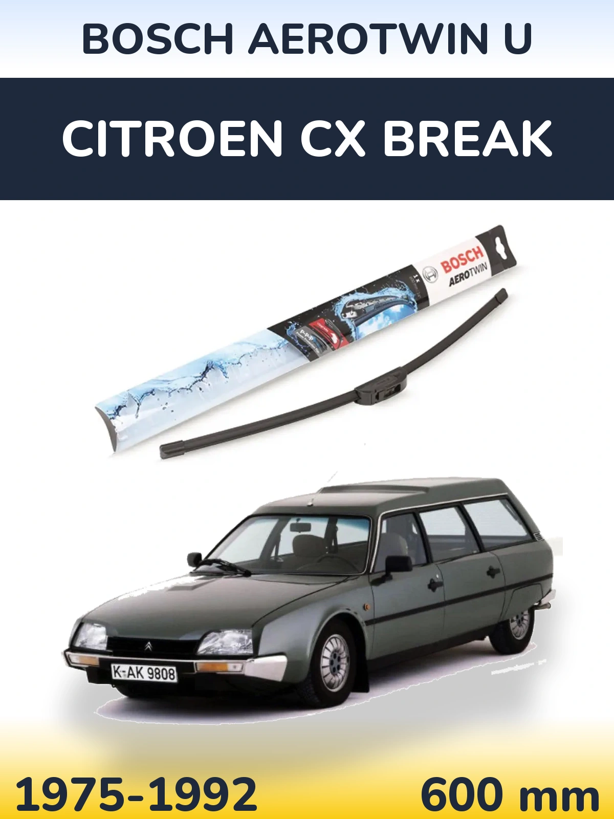 Front wiper blade BOSCH AeroTwin U 600 mm for Citroen CX Break 1975-1992