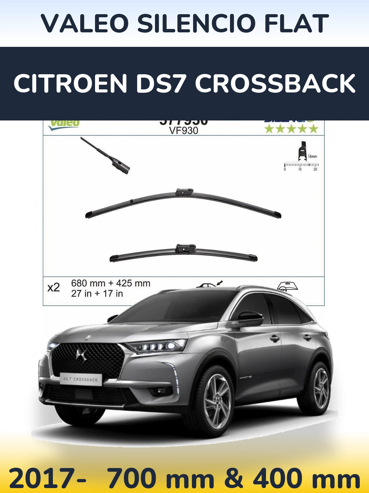 Комплект передних дворников Valeo Silencio Flat 680 & 400 мм для Citroen DS7 Crossback 2017-2026