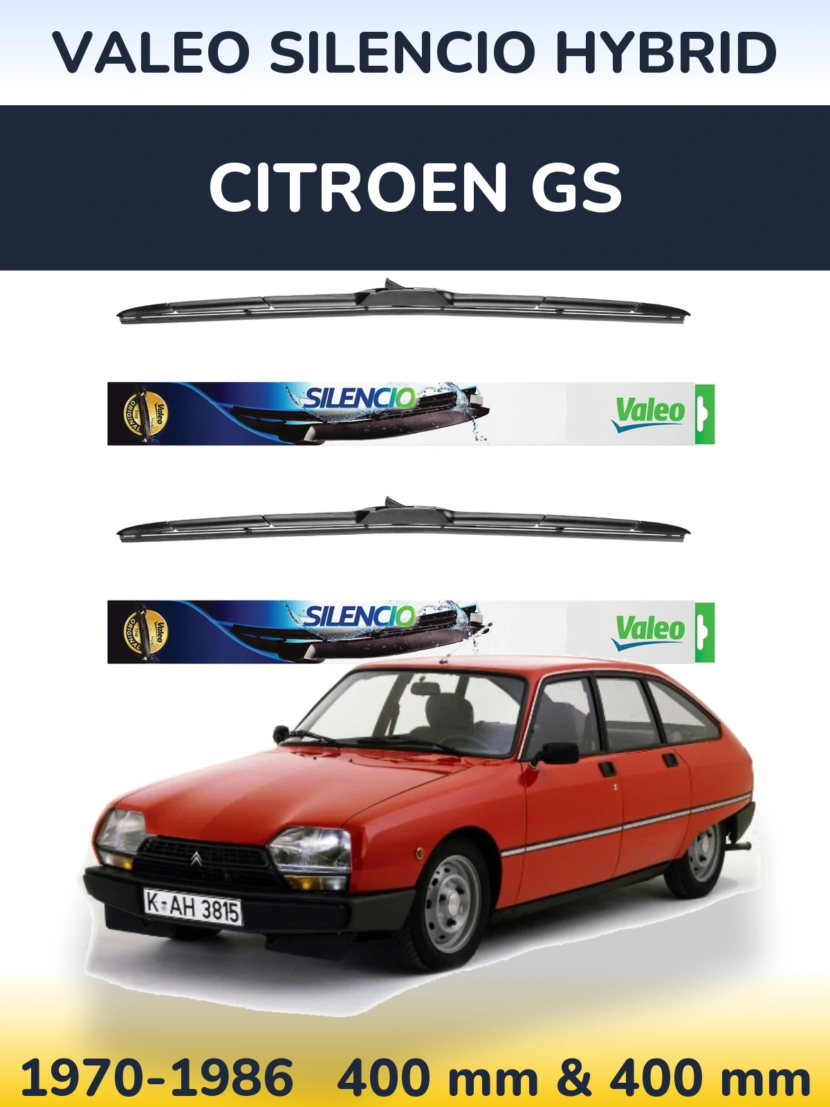 Front wiper blade set Valeo Silencio Hybrid 400 & 400 mm for Citroen GS 1970-1986