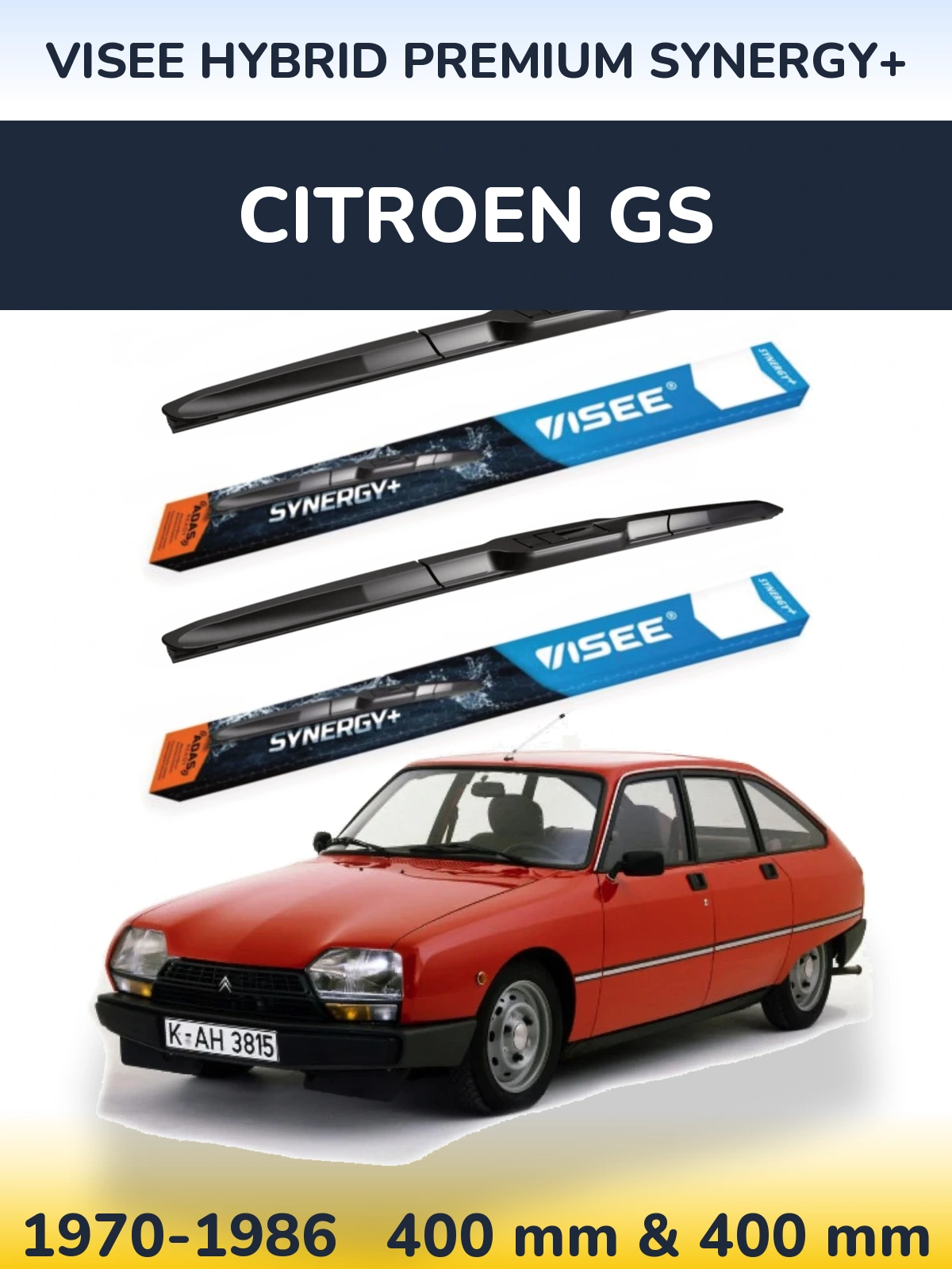 Front wiper blade set VISEE HYBRID PREMIUM SYNERGY+ 400 & 400 mm for Citroen GS 1970-1986