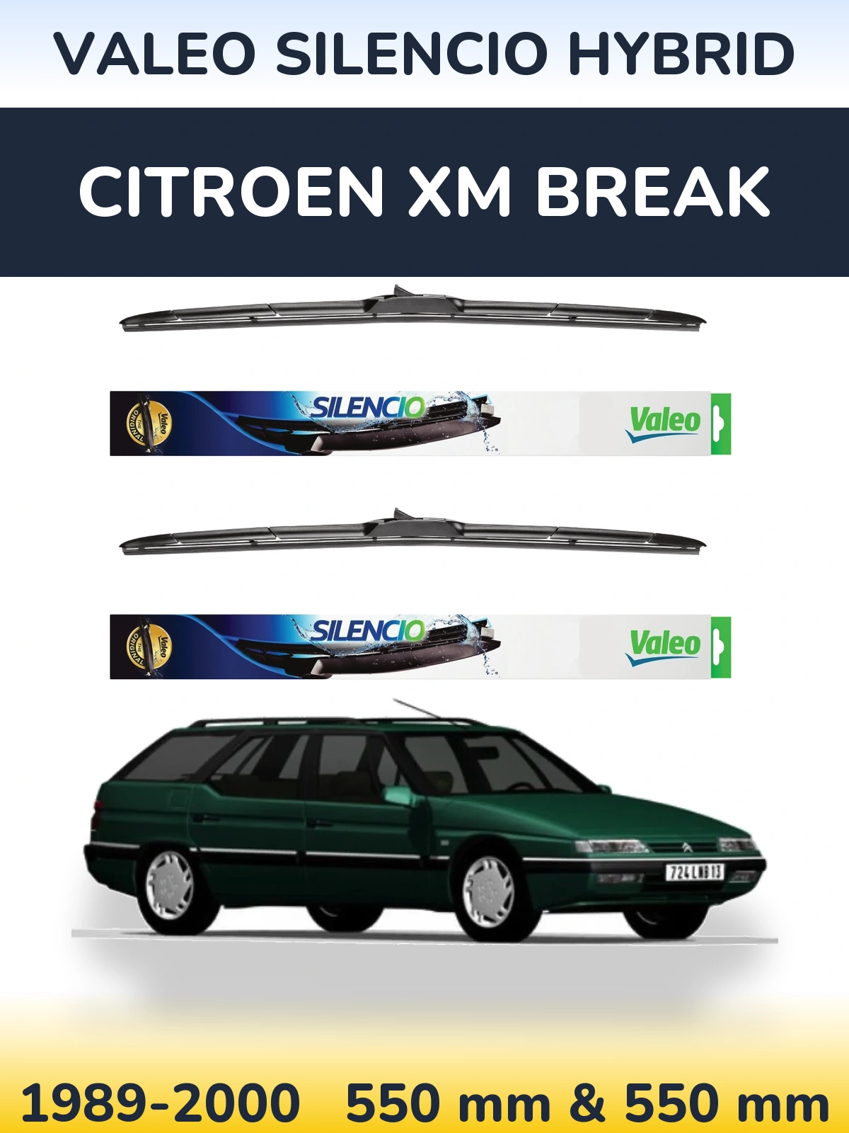 Front wiper blade set Valeo Silencio Hybrid 550 & 550 mm for Citroen XM Break 1989-2000