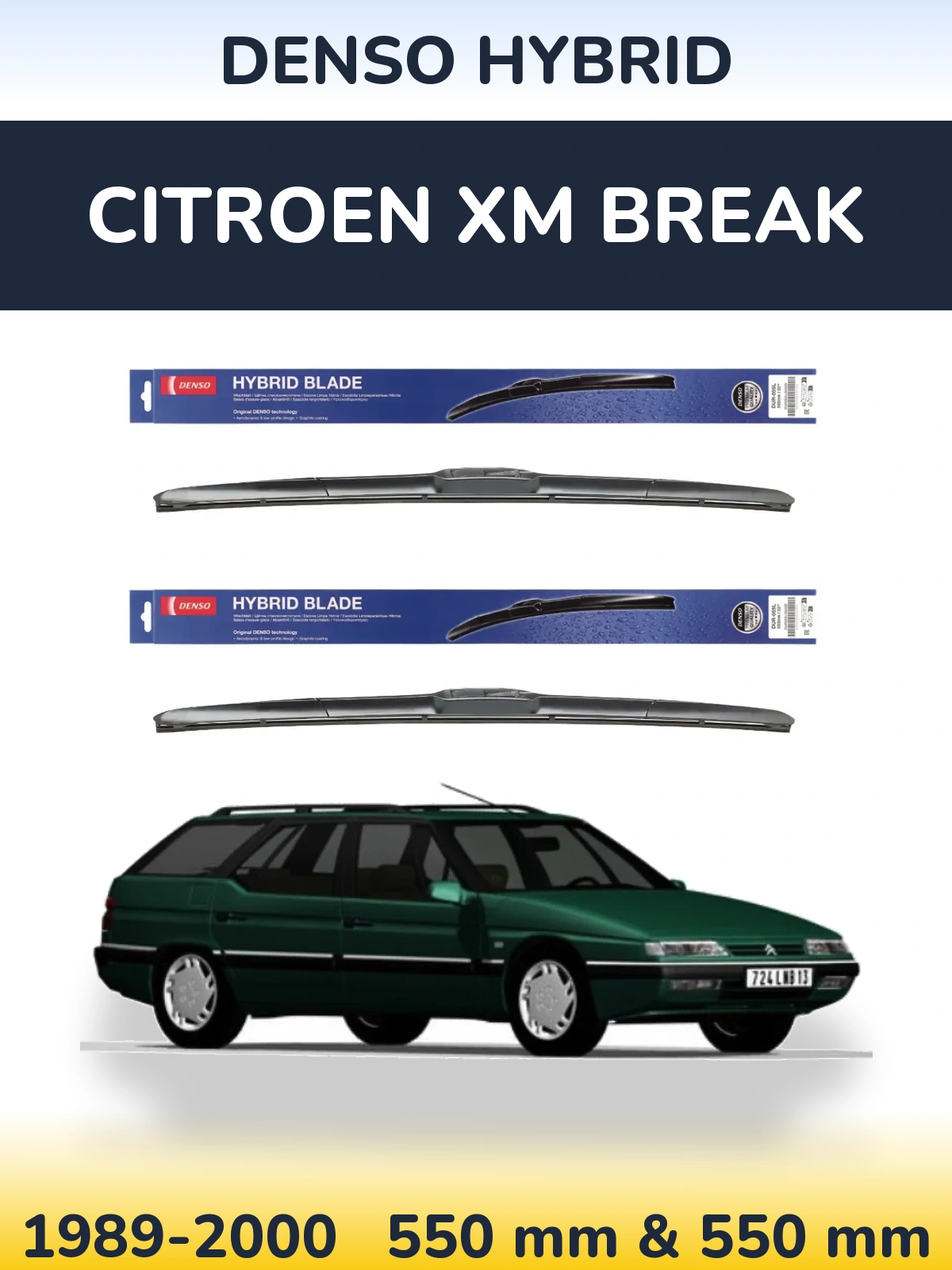 Front wiper blade set Denso Hybrid 550 & 550 mm for Citroen XM Break 1989-2000