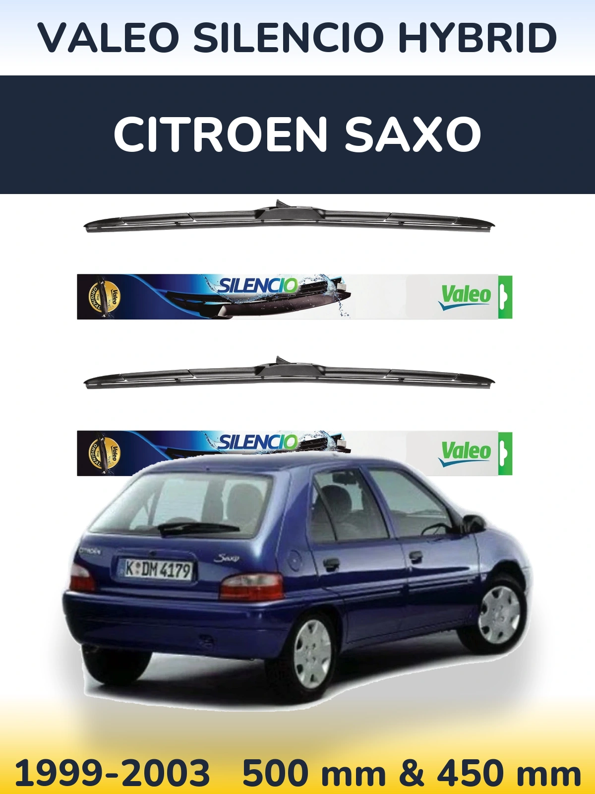 Front wiper blade set Valeo Silencio Hybrid 500 & 450 mm for Citroen Saxo 1999-2003