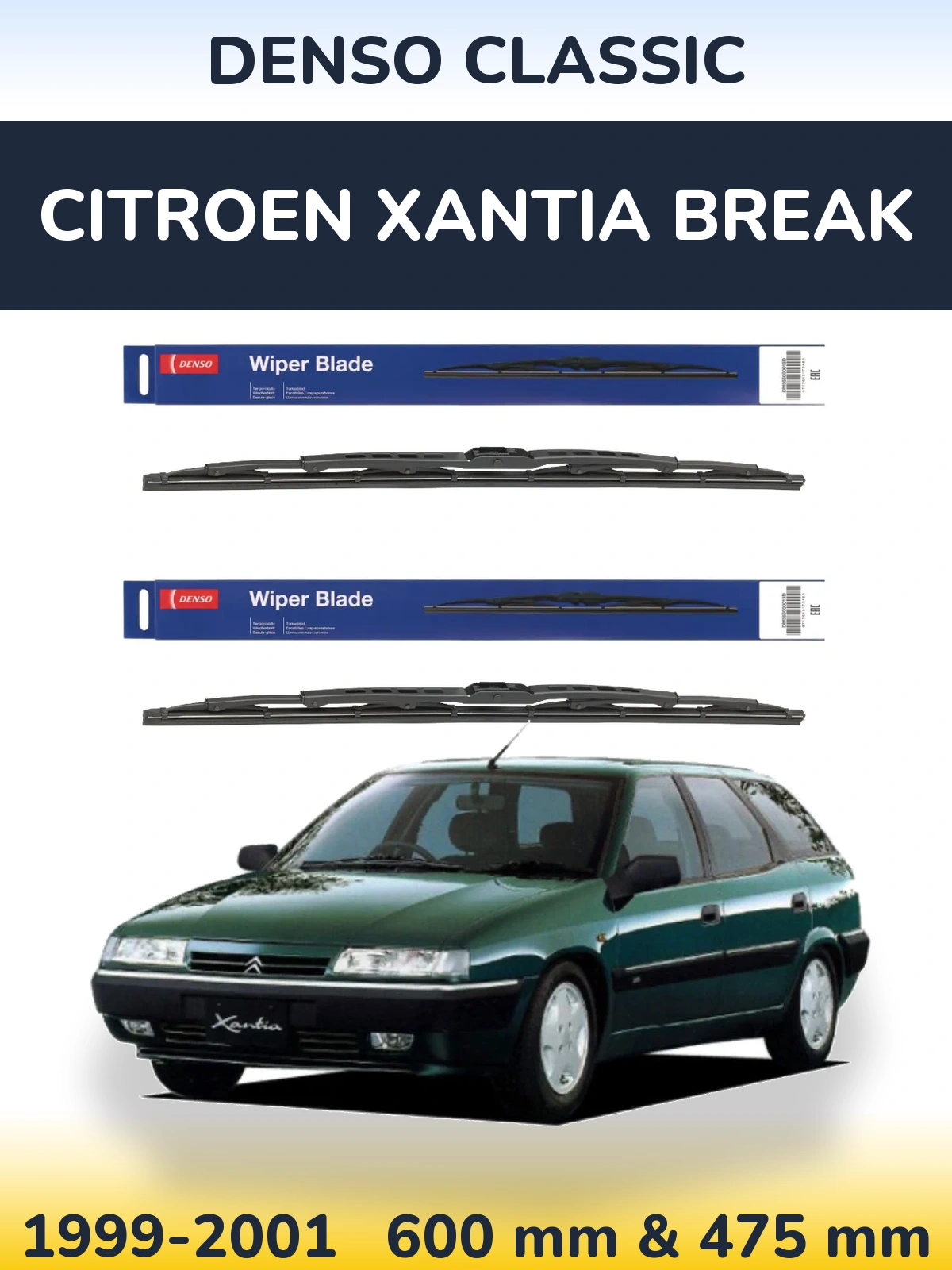 Front wiper blade set Denso Classic 600 & 475 mm for Citroen Xantia Break 1999-2001