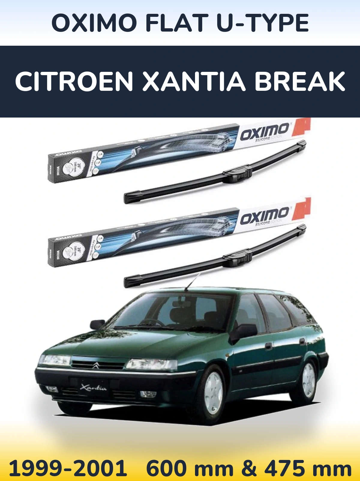 Комплект передних дворников Oximo Flat U-type 600 & 475 мм для Citroen Xantia Break 1999-2001