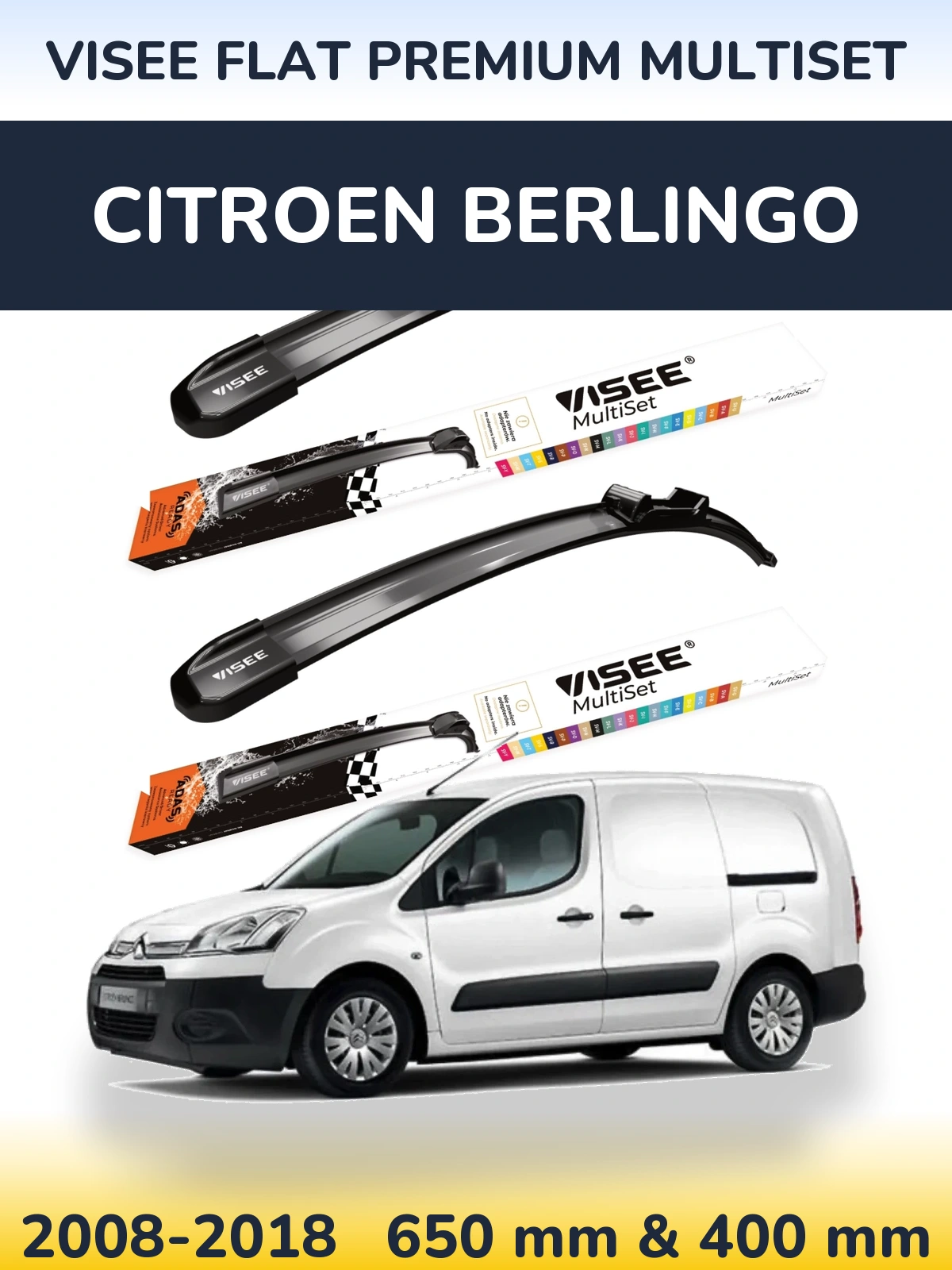 Комплект передних дворников VISEE FLAT PREMIUM MultiSet 650 & 400 мм для Citroen Berlingo 2008-2018