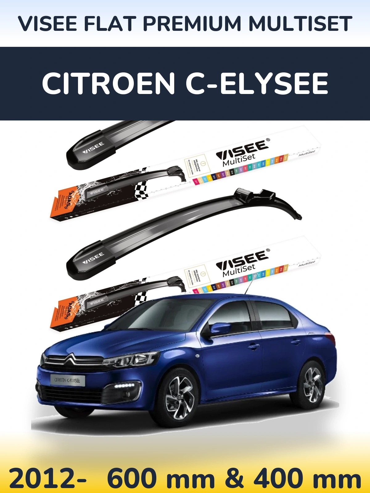 Front wiper blade set VISEE FLAT PREMIUM MultiSet 600 & 400 mm for Citroen C-Elysee 2012-2026