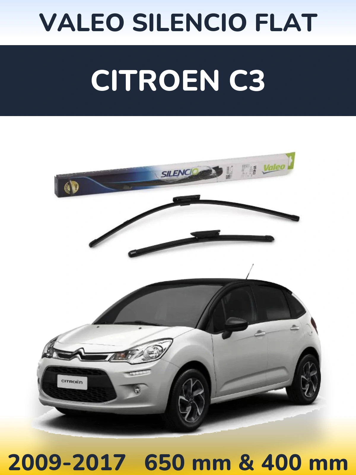 Front wiper blade set Valeo Silencio Flat 650 & 400 mm for Citroen C3 2009-2017