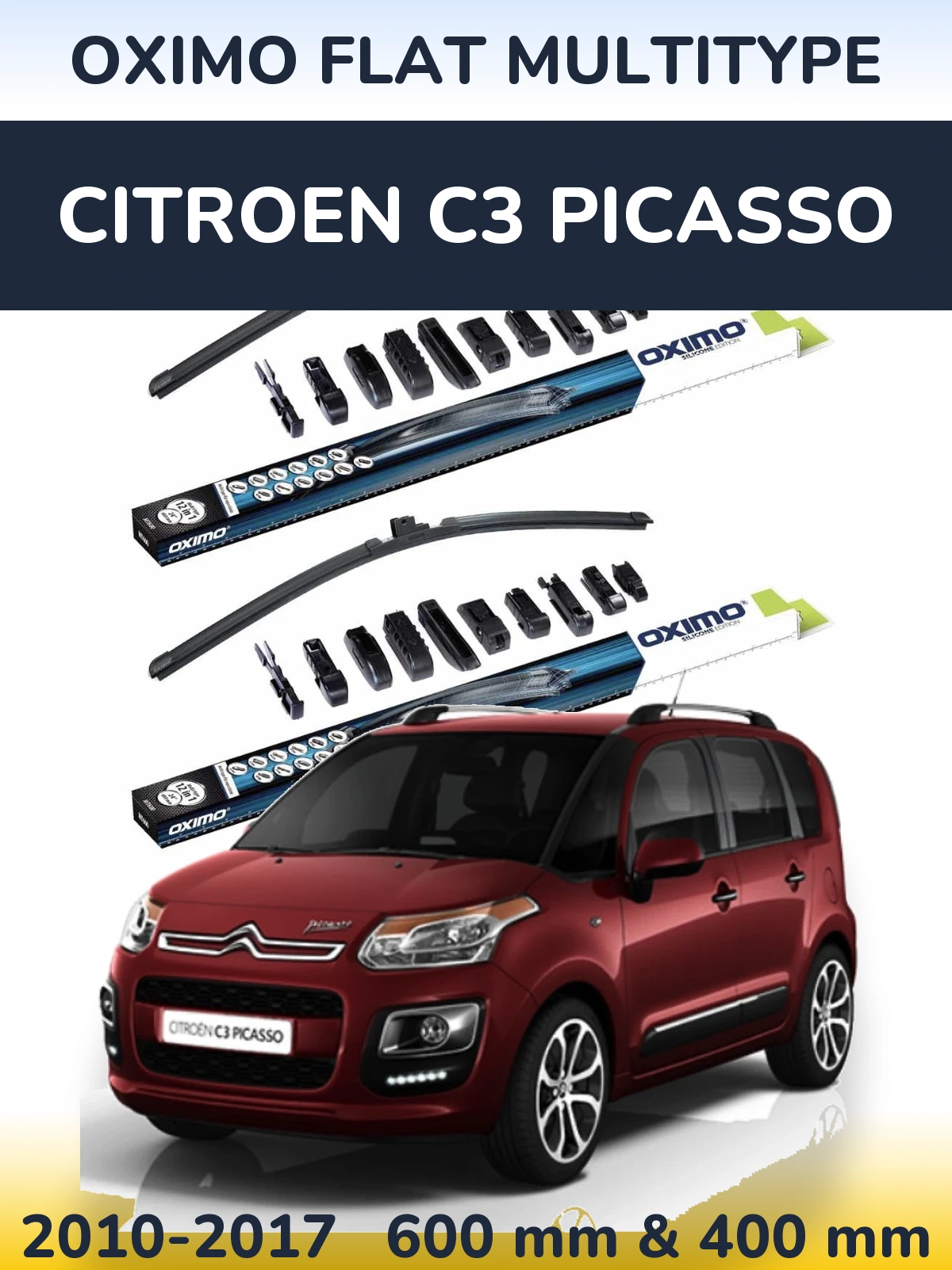 Front wiper blade set Oximo Flat MultiTipse 600 & 400 mm for Citroen C3 Picasso 2010-2017