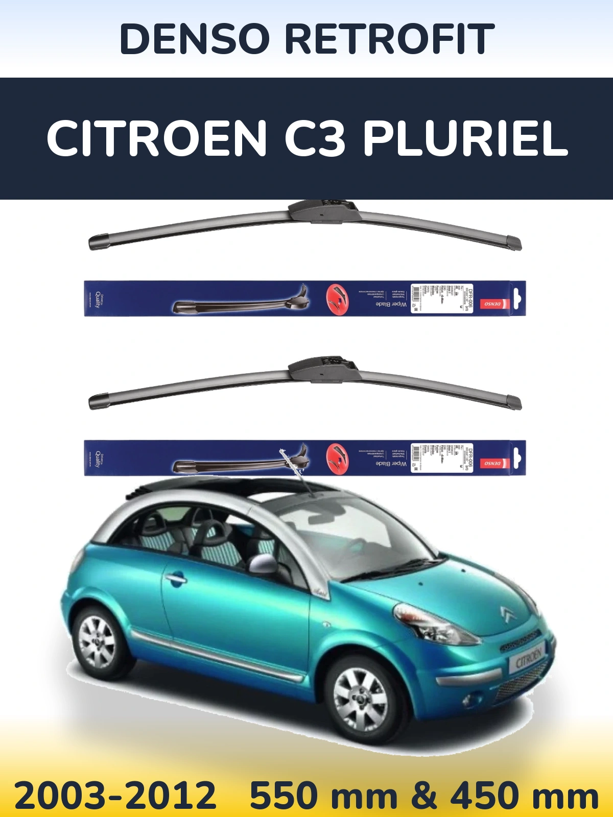 Front wiper blade set Denso Retrofit 550 & 450 mm for Citroen C3 Pluriel 2003-2012