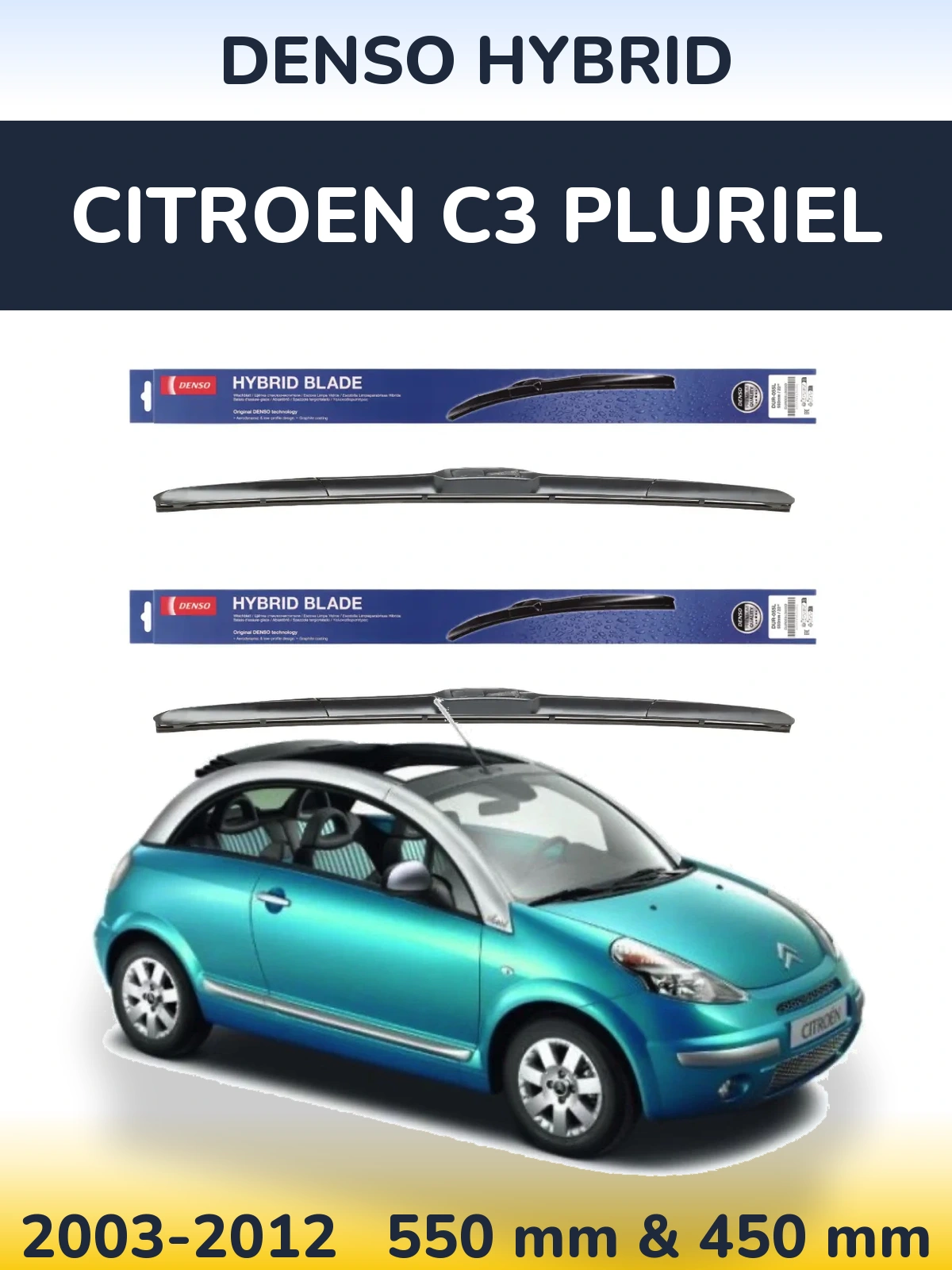 Front wiper blade set Denso Hybrid 550 & 450 mm for Citroen C3 Pluriel 2003-2012
