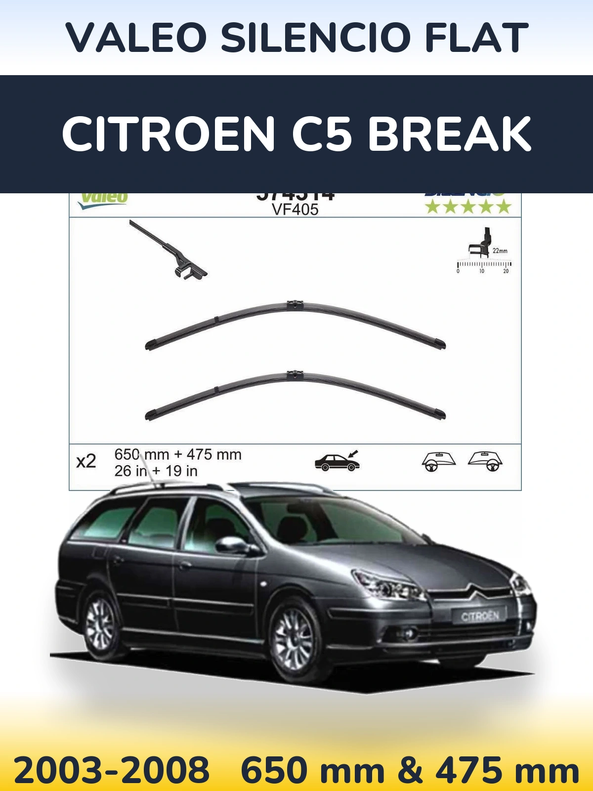 Front wiper blade set Valeo Silencio Flat 650 & 475 mm for Citroen C5 Break 2003-2008