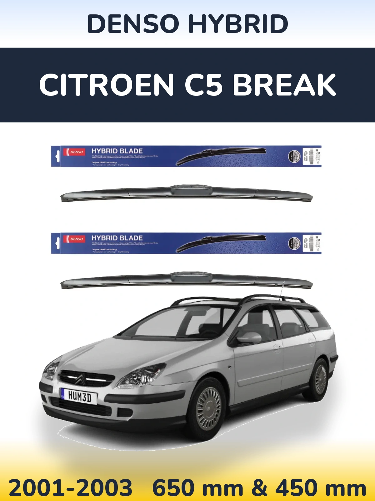 Front wiper blade set Denso Hybrid 650 & 450 mm for Citroen C5 Break 2001-2003