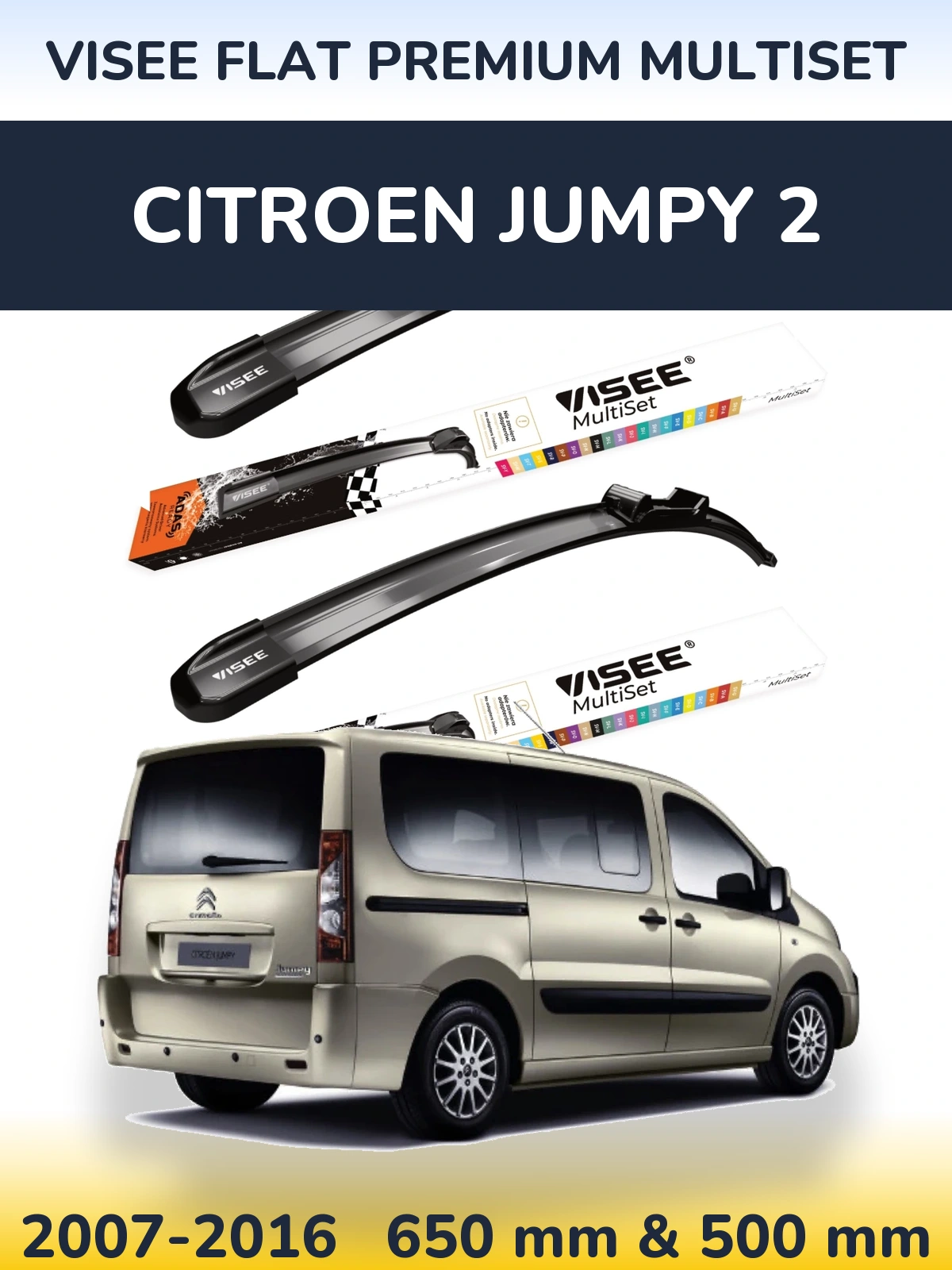 Front wiper blade set VISEE FLAT PREMIUM MultiSet 650 & 500 mm for Citroen Jumpy 2 2007-2016