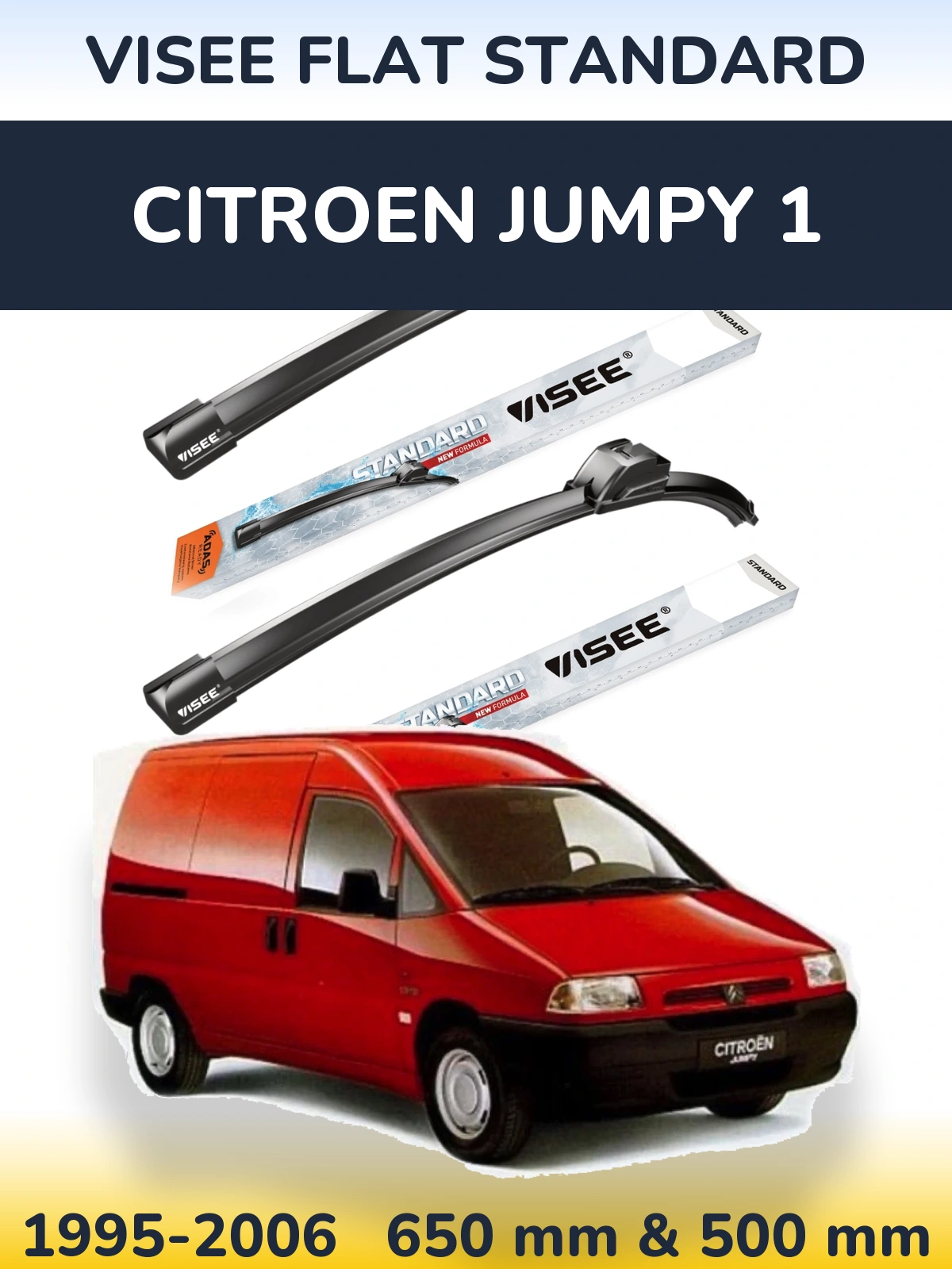 Front wiper blade set VISEE FLAT STANDARD 650 & 500 mm for Citroen Jumpy 1 1995-2006