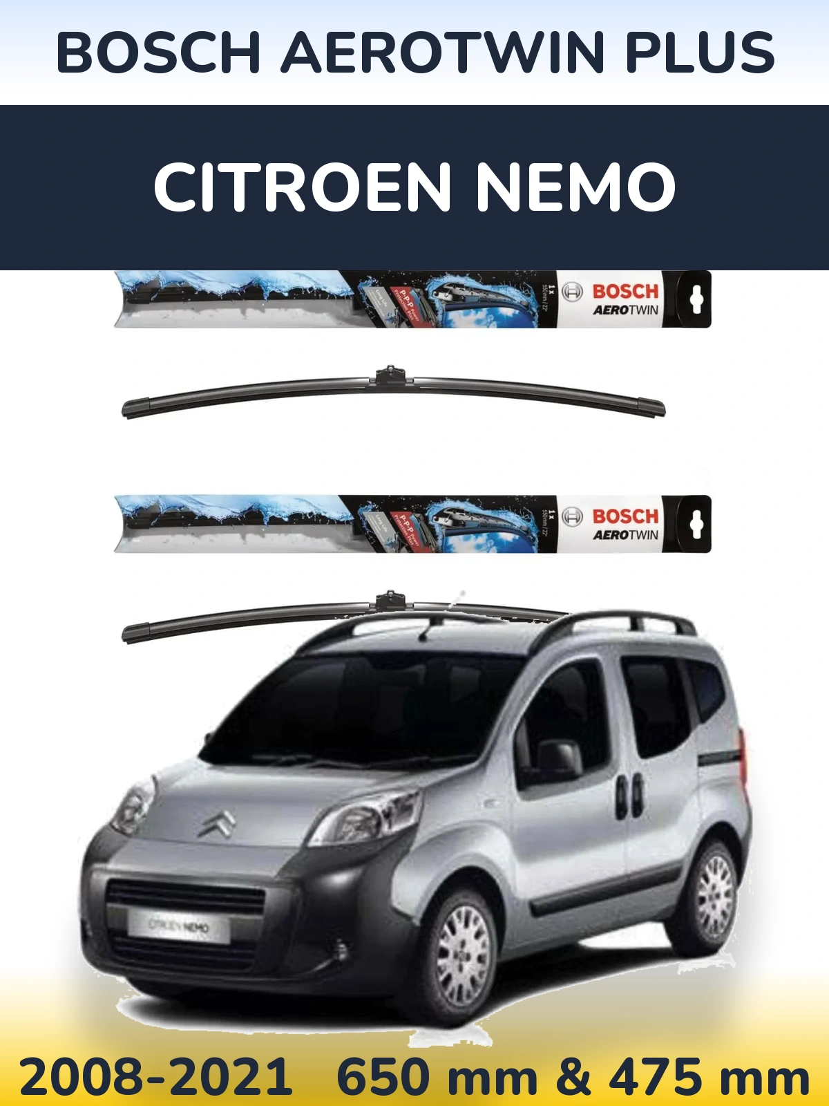 Комплект передніх щіток BOSCH AeroTwin Plus 650 & 475 мм для Citroen Nemo 2008-2021