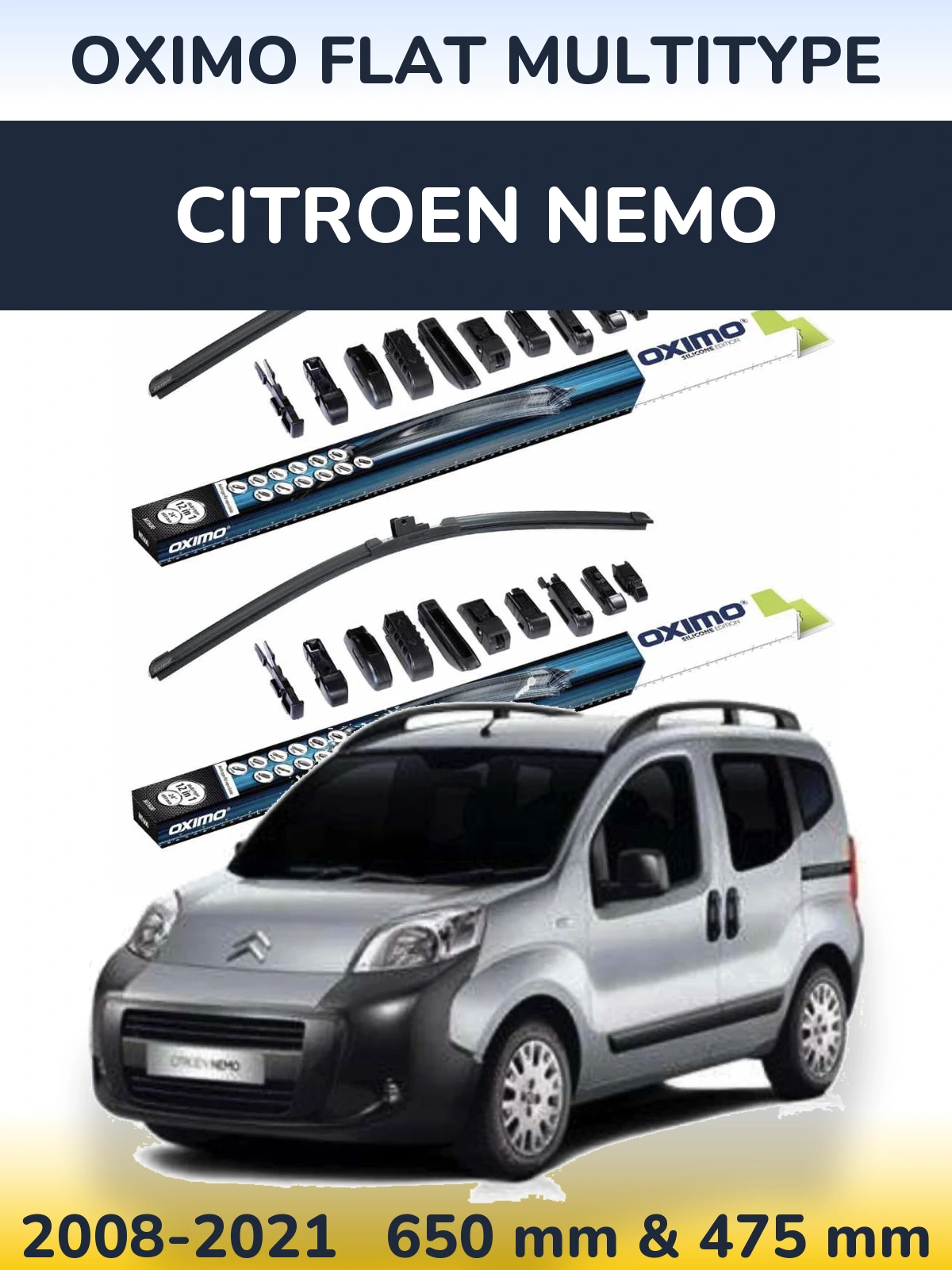 Front wiper blade set Oximo Flat MultiTipse 650 & 475 mm for Citroen Nemo 2008-2021