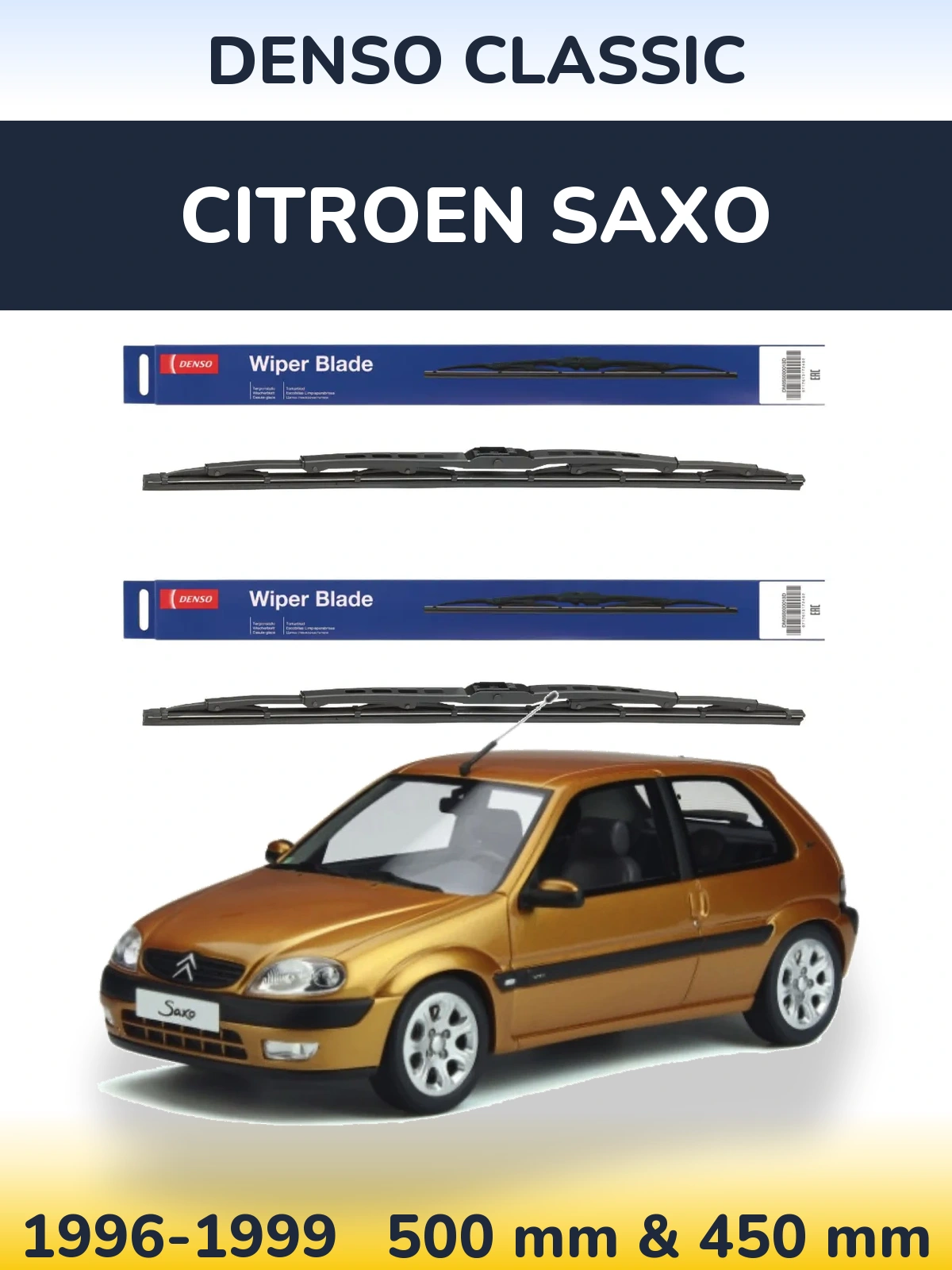 Front wiper blade set Denso Classic 500 & 450 mm for Citroen Saxo 1996-1999