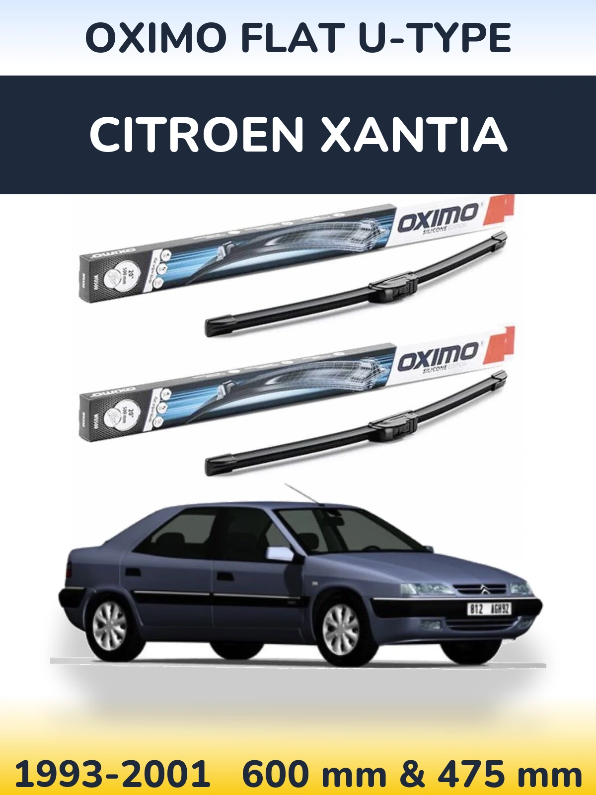 Front wiper blade set Oximo Flat U-type 600 & 475 mm for Citroen Xantia 1993-2001