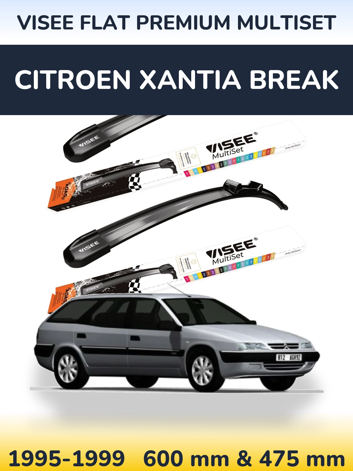Front wiper blade set VISEE FLAT PREMIUM MultiSet 600 & 475 mm for Citroen Xantia Break 1995-1999