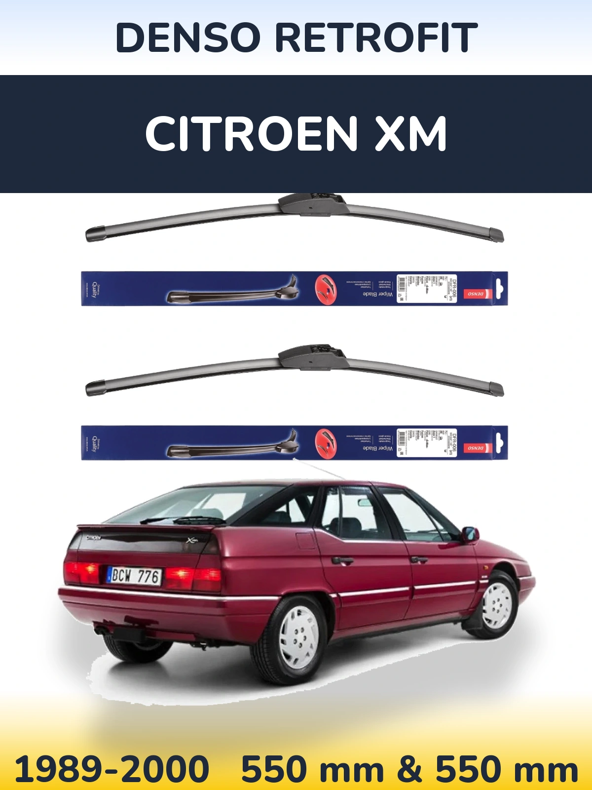 Front wiper blade set Denso Retrofit 550 & 550 mm for Citroen XM 1989-2000