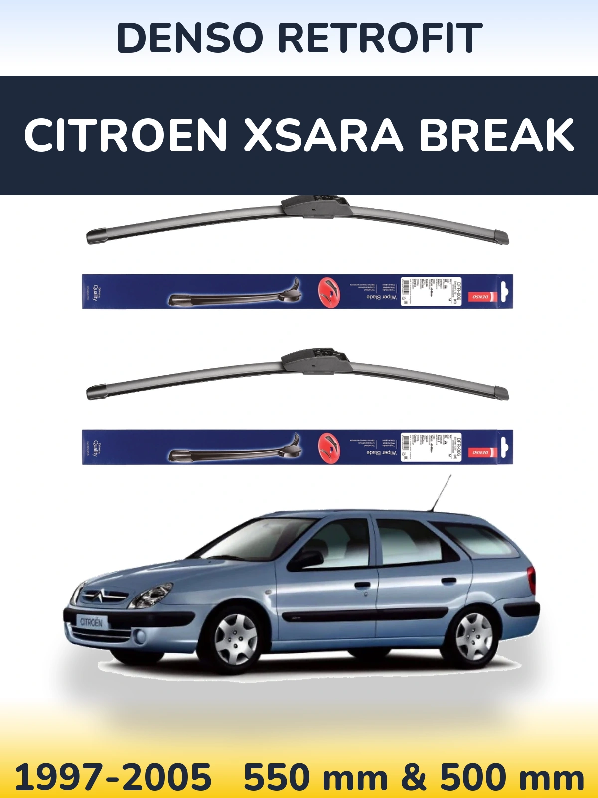 Front wiper blade set Denso Retrofit 550 & 500 mm for Citroen Xsara Break 1997-2005