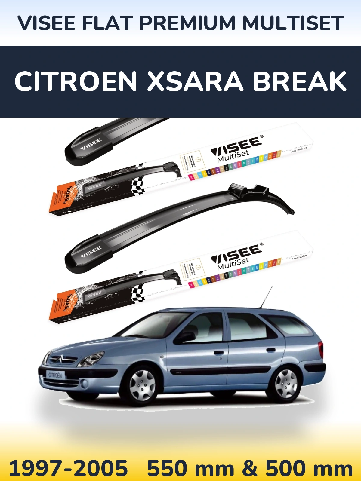 Front wiper blade set VISEE FLAT PREMIUM MultiSet 550 & 500 mm for Citroen Xsara Break 1997-2005