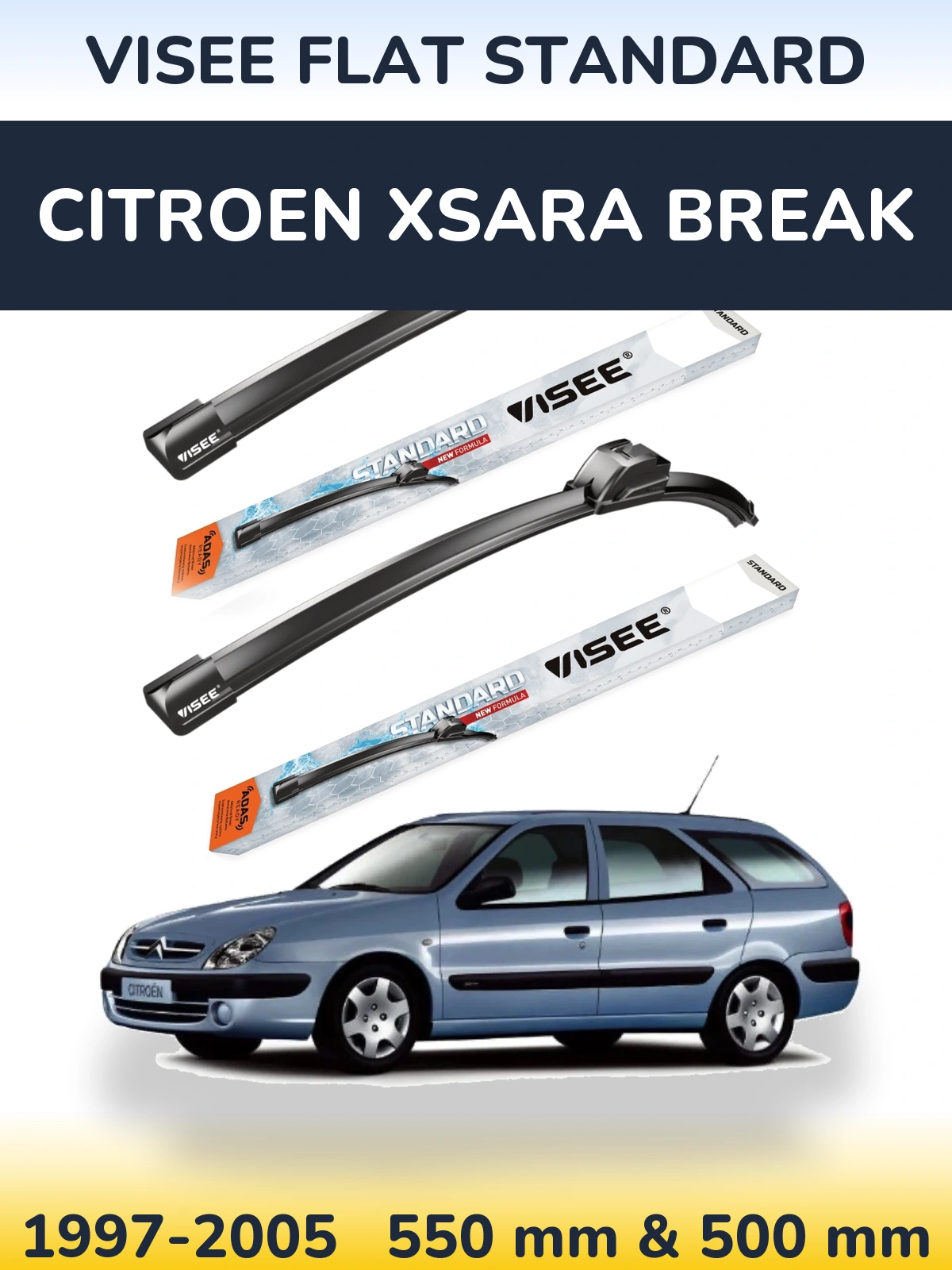 Front wiper blade set VISEE FLAT STANDARD 550 & 500 mm for Citroen Xsara Break 1997-2005