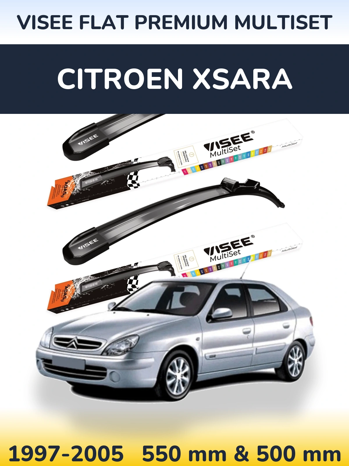 Front wiper blade set VISEE FLAT PREMIUM MultiSet 550 & 500 mm for Citroen Xsara 1997-2005