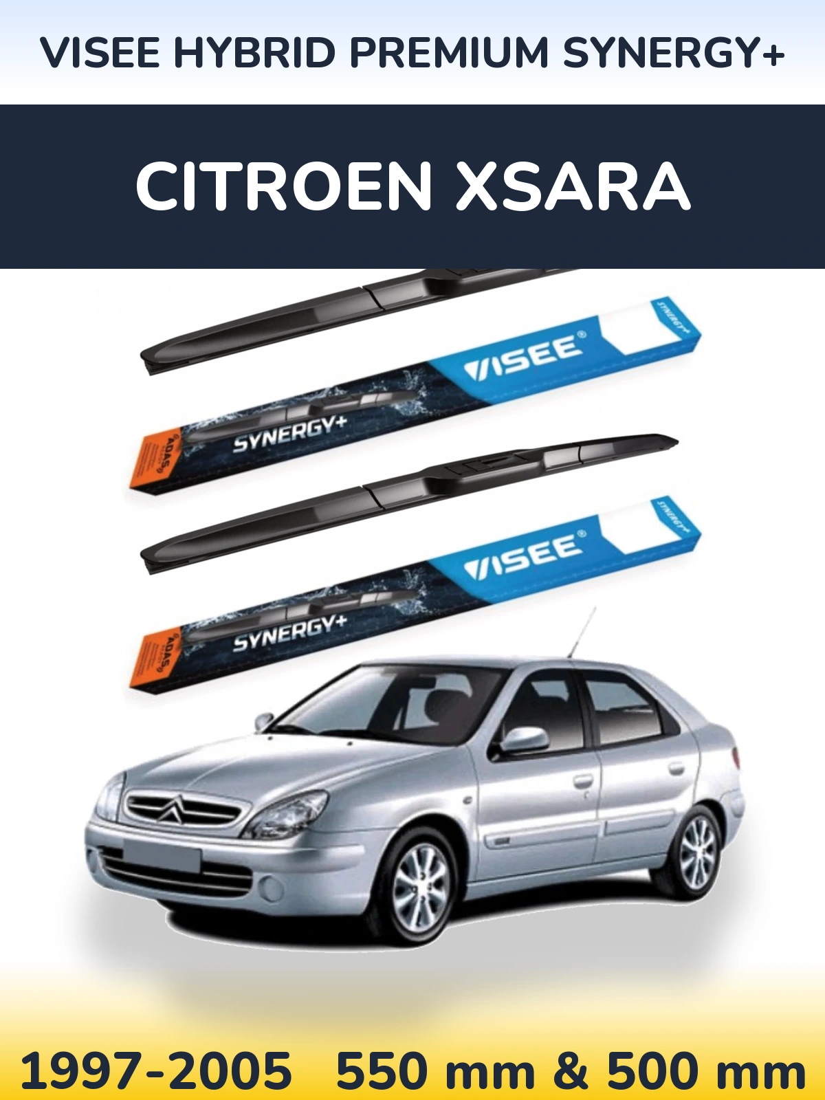 Front wiper blade set VISEE HYBRID PREMIUM SYNERGY+ 550 & 500 mm for Citroen Xsara 1997-2005