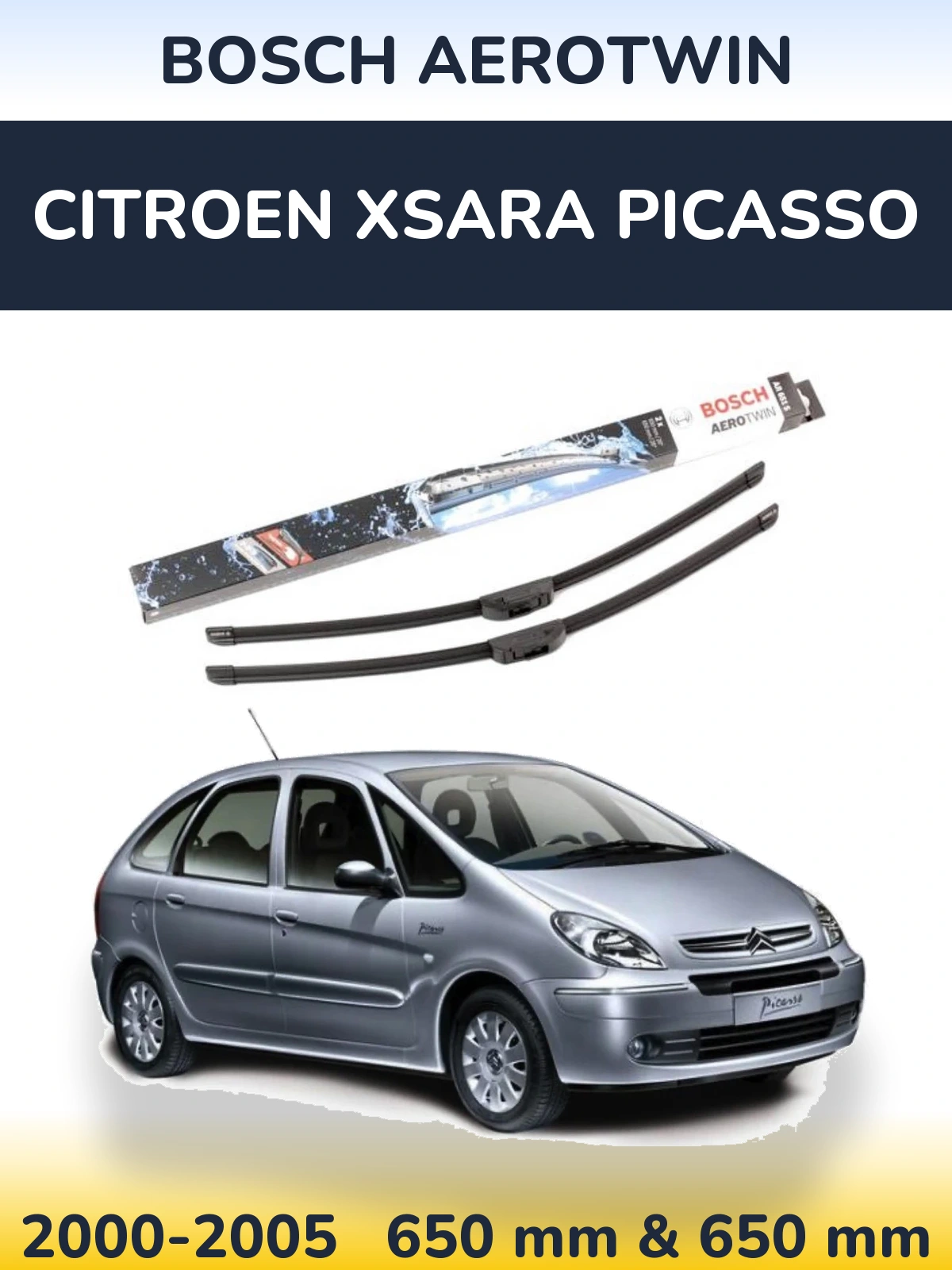 Front wiper blade set BOSCH AeroTwin 650 & 650 mm for Citroen Xsara Picasso 2000-2005