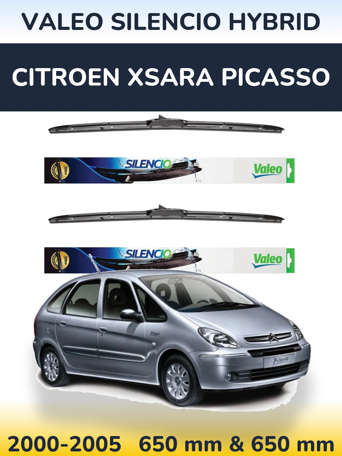 Front wiper blade set Valeo Silencio Hybrid 650 & 650 mm for Citroen Xsara Picasso 2000-2005