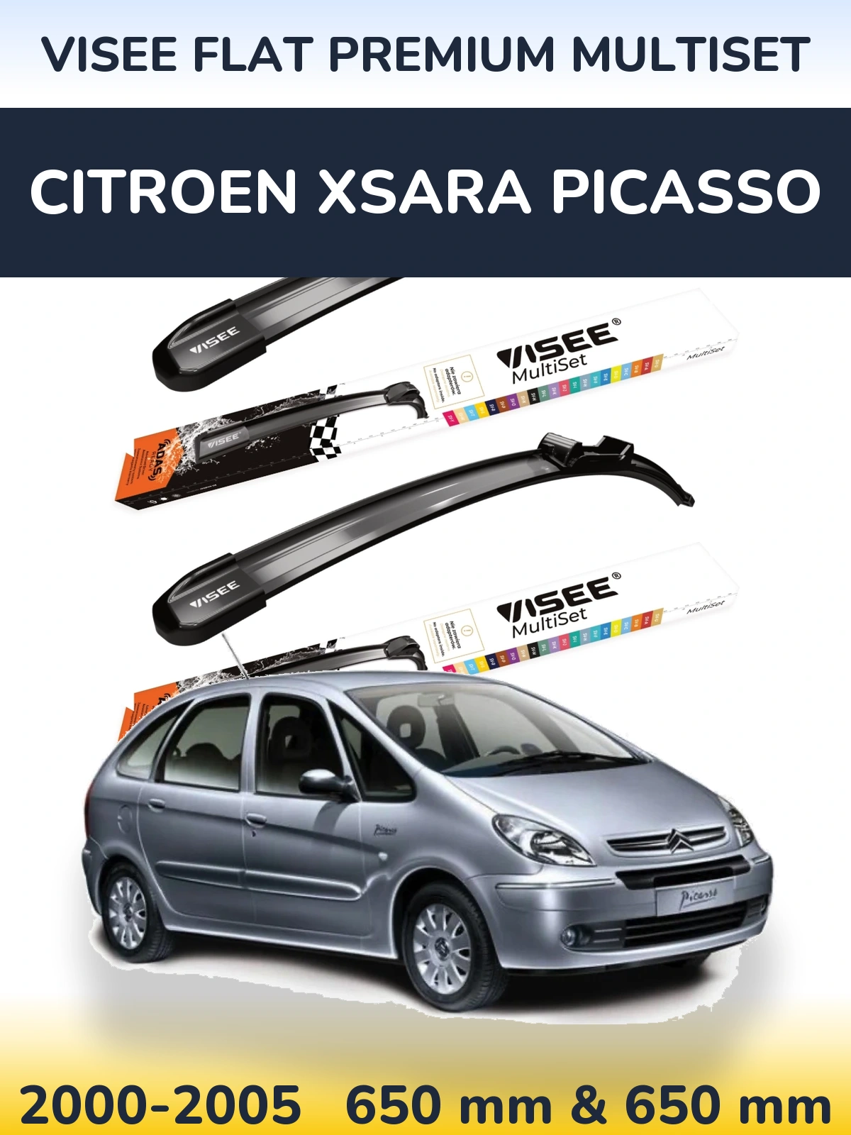 Front wiper blade set VISEE FLAT PREMIUM MultiSet 650 & 650 mm for Citroen Xsara Picasso 2000-2005